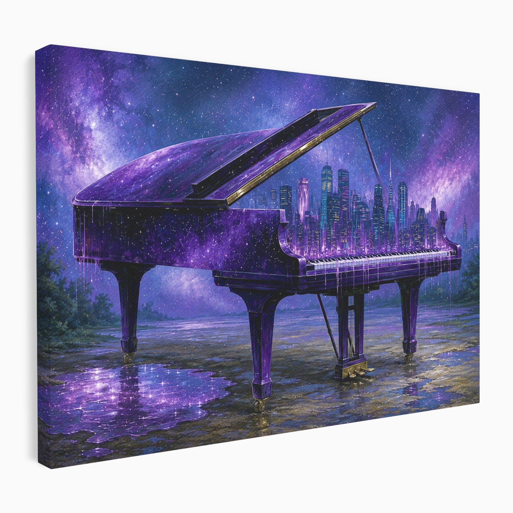 Tablou Canvas Premium LuxCanva® R1052, Pianul Cosmic, Pian, Cosmos, Oras, Noapte, Visare, Living, Culori Vibrante