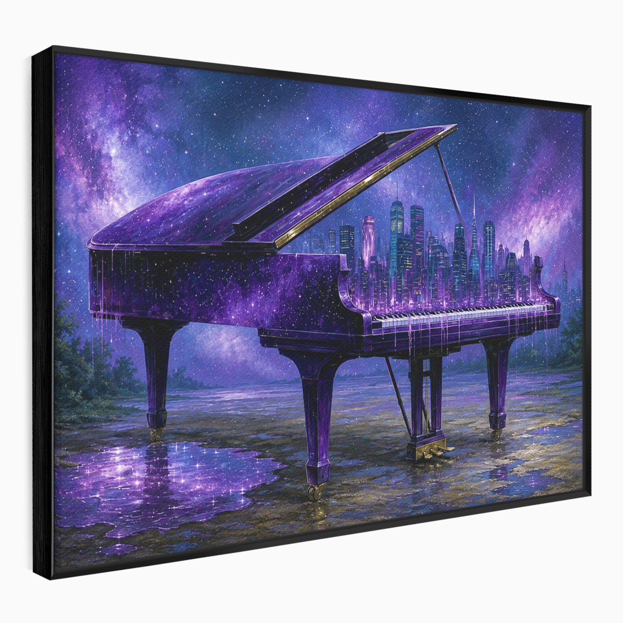 Tablou Canvas Premium LuxCanva® R1052, Pianul Cosmic, Pian, Cosmos, Oras, Noapte, Visare, Living, Culori Vibrante