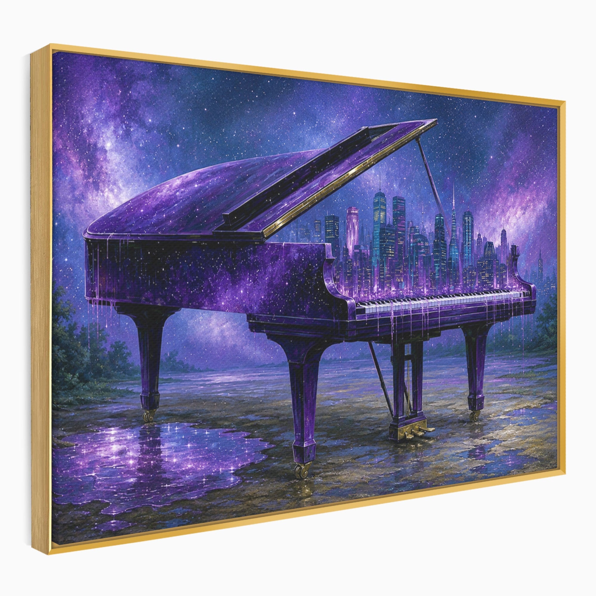 Tablou Canvas Premium LuxCanva® R1052, Pianul Cosmic, Pian, Cosmos, Oras, Noapte, Visare, Living, Culori Vibrante