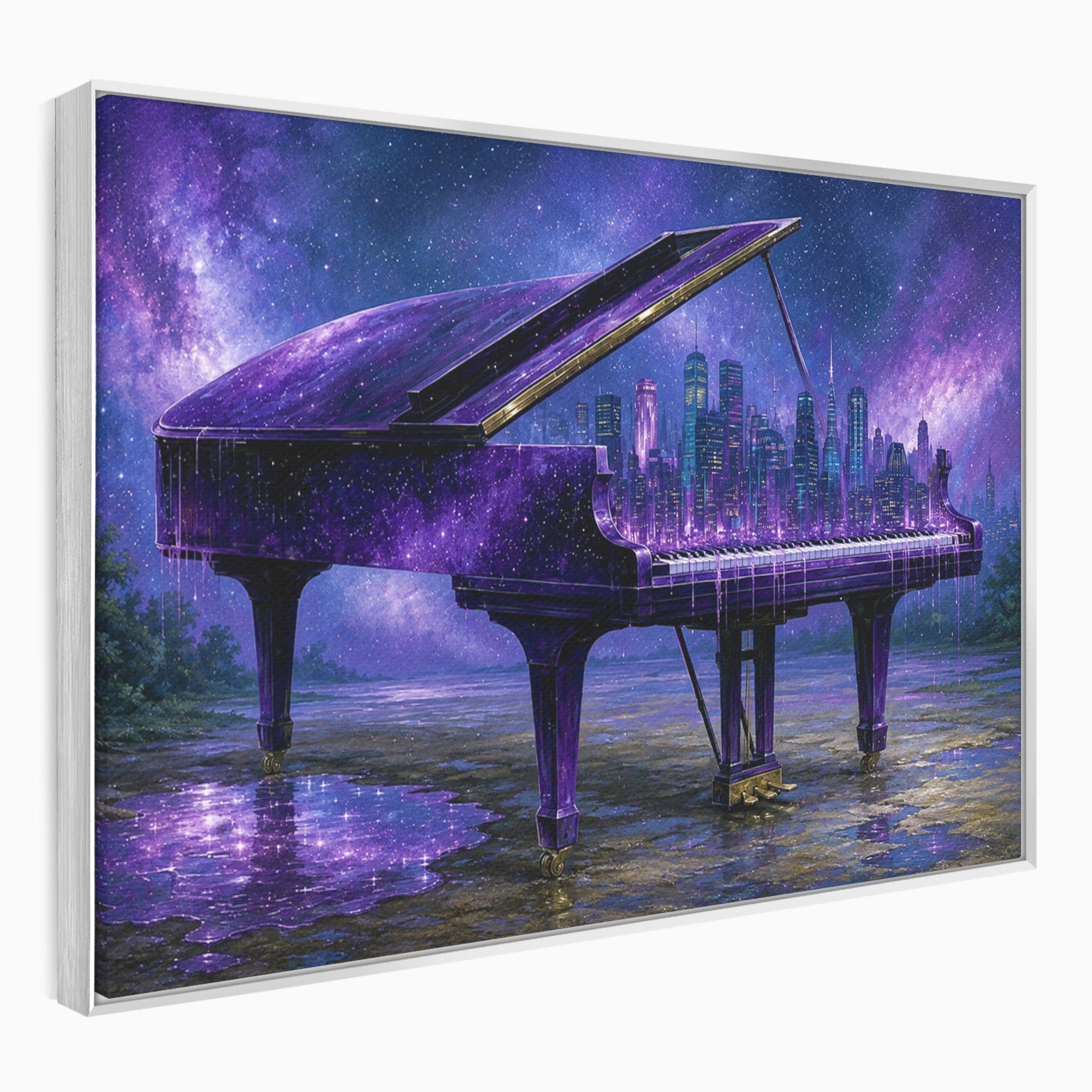 Tablou Canvas Premium LuxCanva® R1052, Pianul Cosmic, Pian, Cosmos, Oras, Noapte, Visare, Living, Culori Vibrante