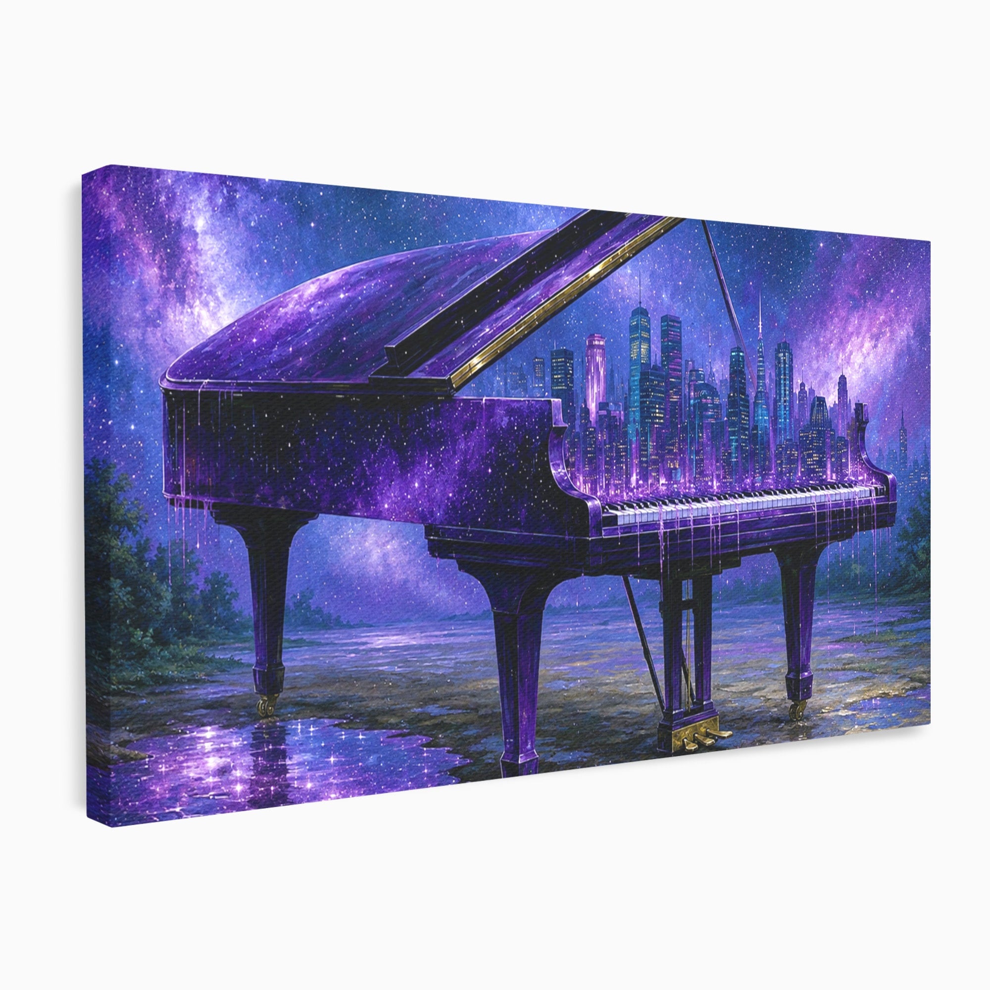 Tablou Canvas Premium LuxCanva® R1052, Pianul Cosmic, Pian, Cosmos, Oras, Noapte, Visare, Living, Culori Vibrante