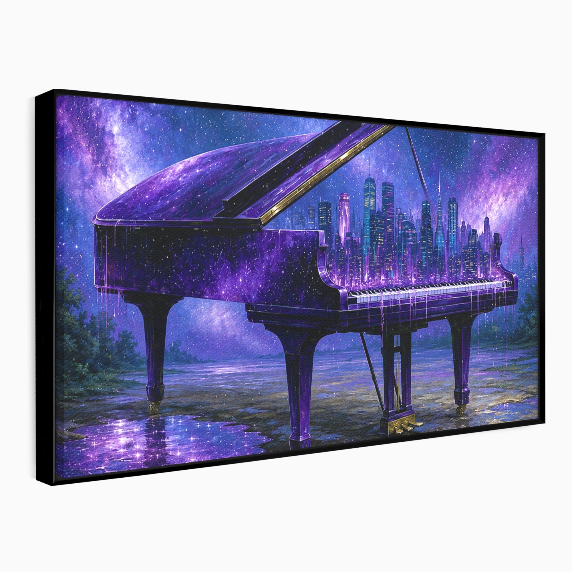 Tablou Canvas Premium LuxCanva® R1052, Pianul Cosmic, Pian, Cosmos, Oras, Noapte, Visare, Living, Culori Vibrante