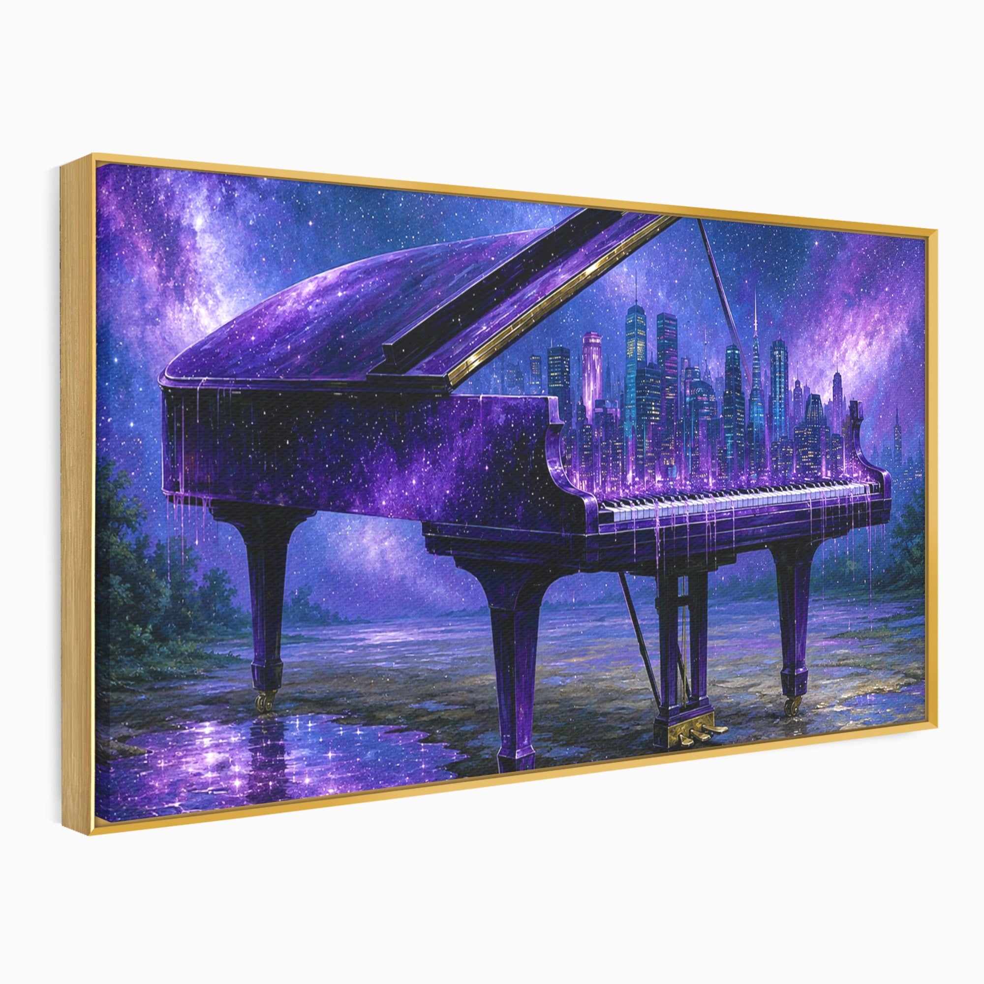 Tablou Canvas Premium LuxCanva® R1052, Pianul Cosmic, Pian, Cosmos, Oras, Noapte, Visare, Living, Culori Vibrante