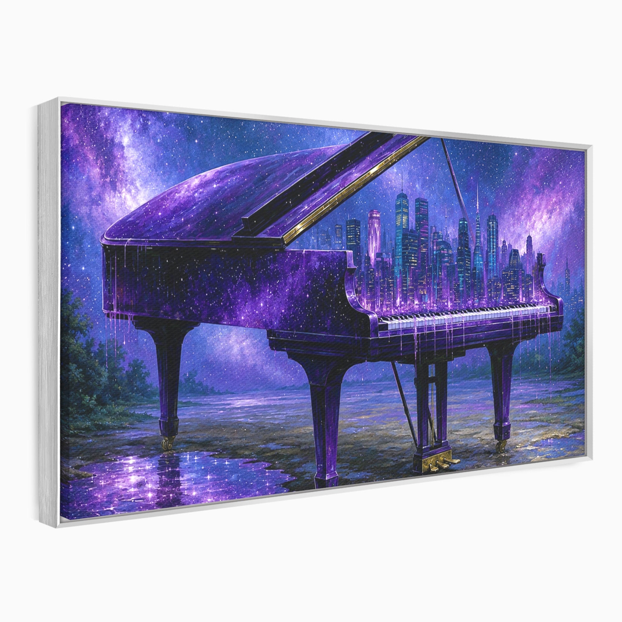 Tablou Canvas Premium LuxCanva® R1052, Pianul Cosmic, Pian, Cosmos, Oras, Noapte, Visare, Living, Culori Vibrante