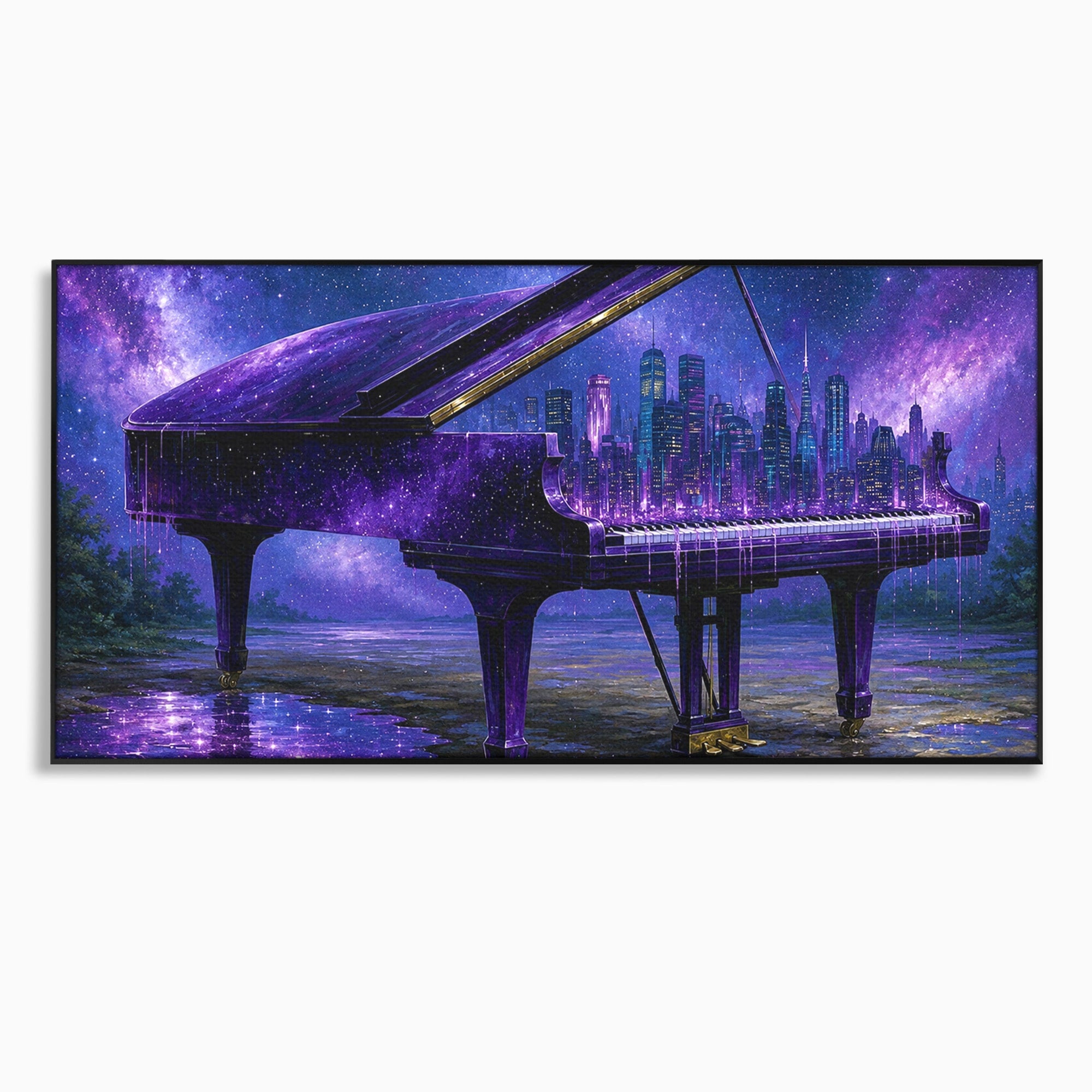 Tablou Canvas Premium LuxCanva® R1052, Pianul Cosmic, Pian, Cosmos, Oras, Noapte, Visare, Living, Culori Vibrante