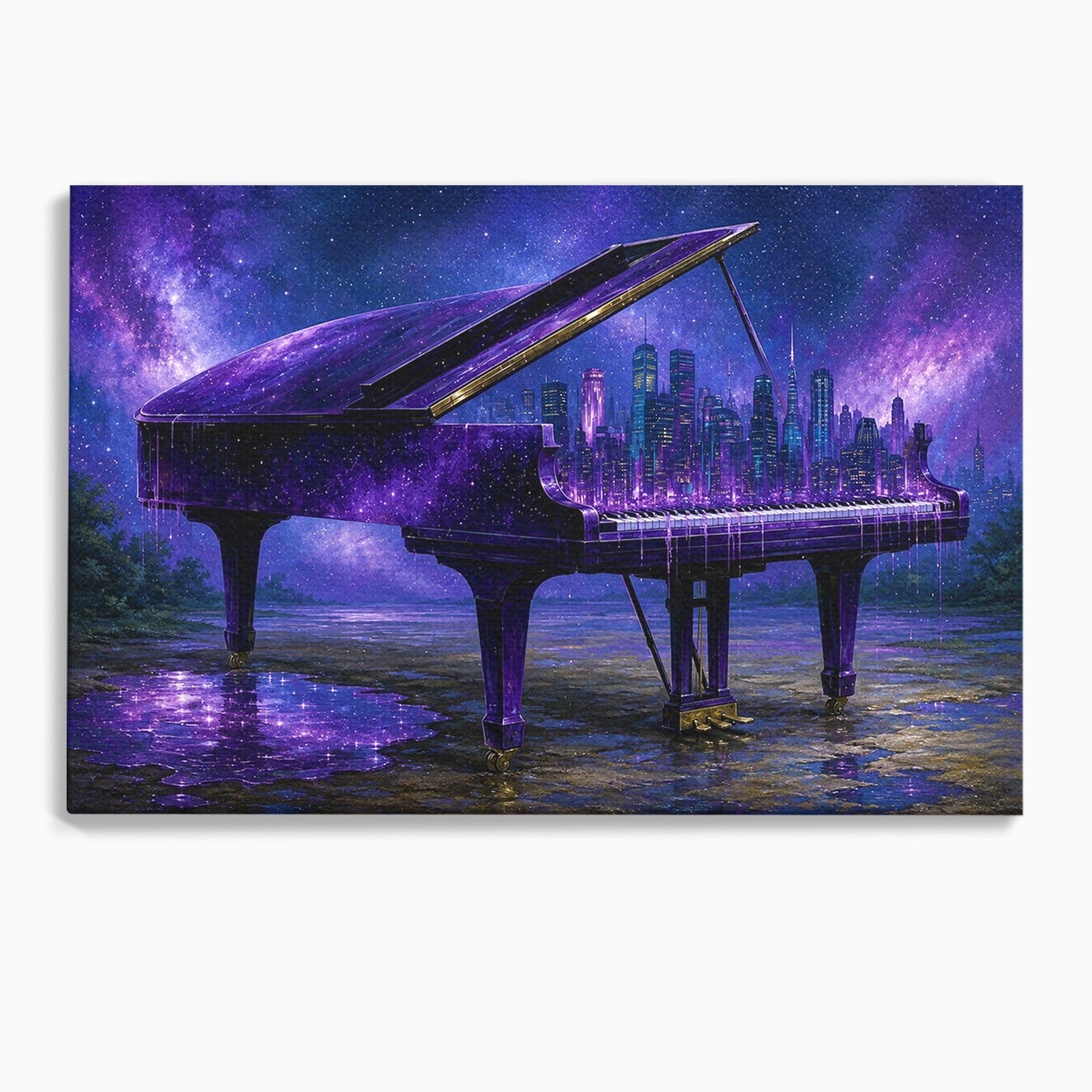 Tablou Canvas Premium LuxCanva® R1052, Pianul Cosmic, Pian, Cosmos, Oras, Noapte, Visare, Living, Culori Vibrante