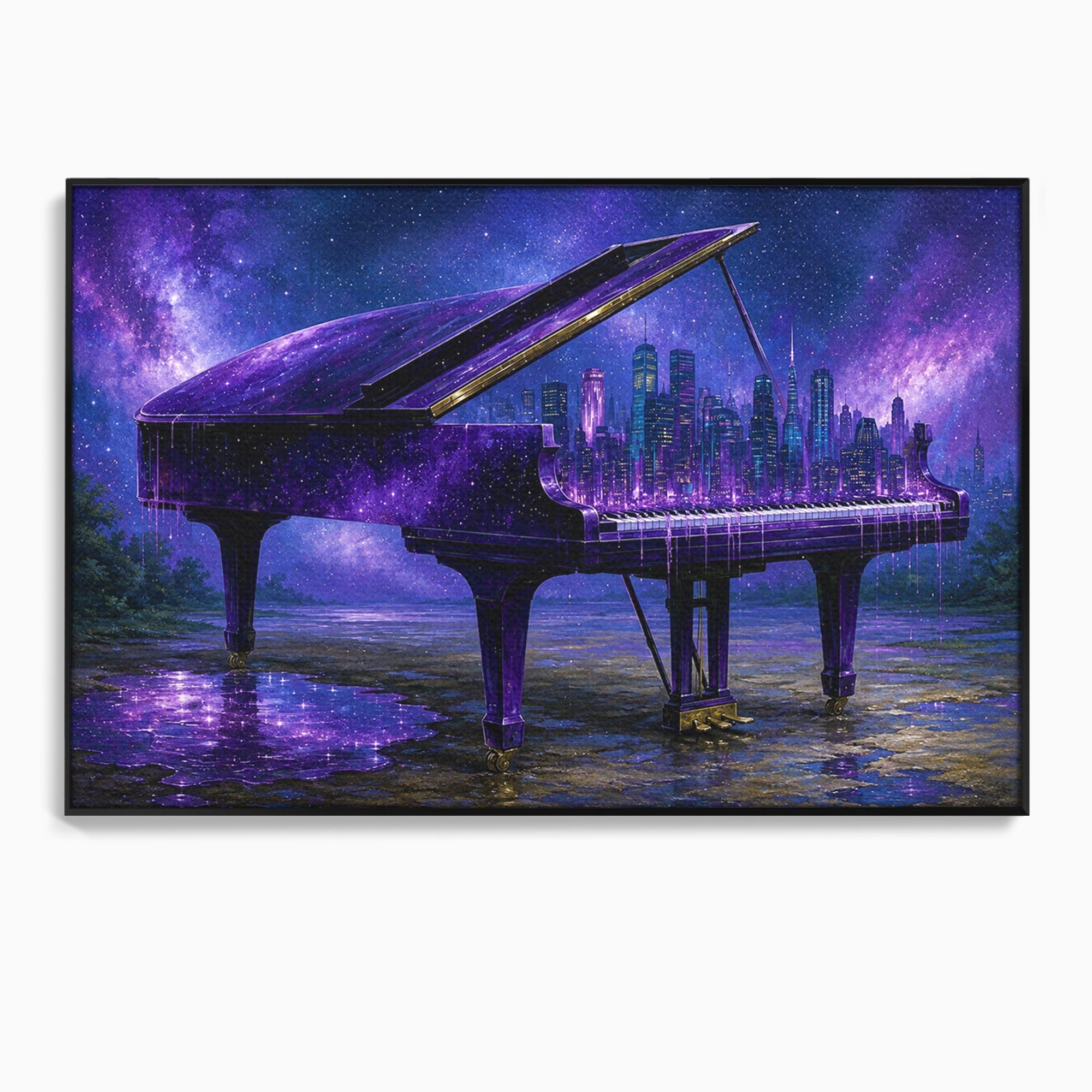 Tablou Canvas Premium LuxCanva® R1052, Pianul Cosmic, Pian, Cosmos, Oras, Noapte, Visare, Living, Culori Vibrante