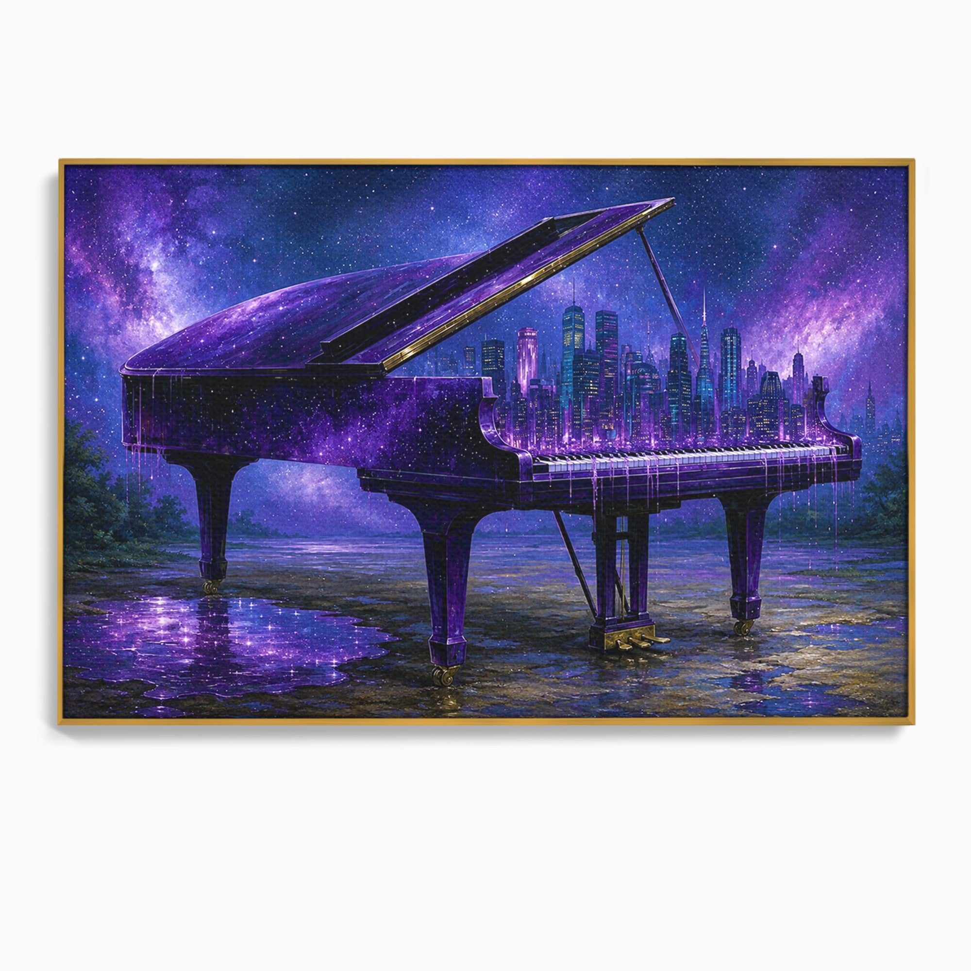 Tablou Canvas Premium LuxCanva® R1052, Pianul Cosmic, Pian, Cosmos, Oras, Noapte, Visare, Living, Culori Vibrante