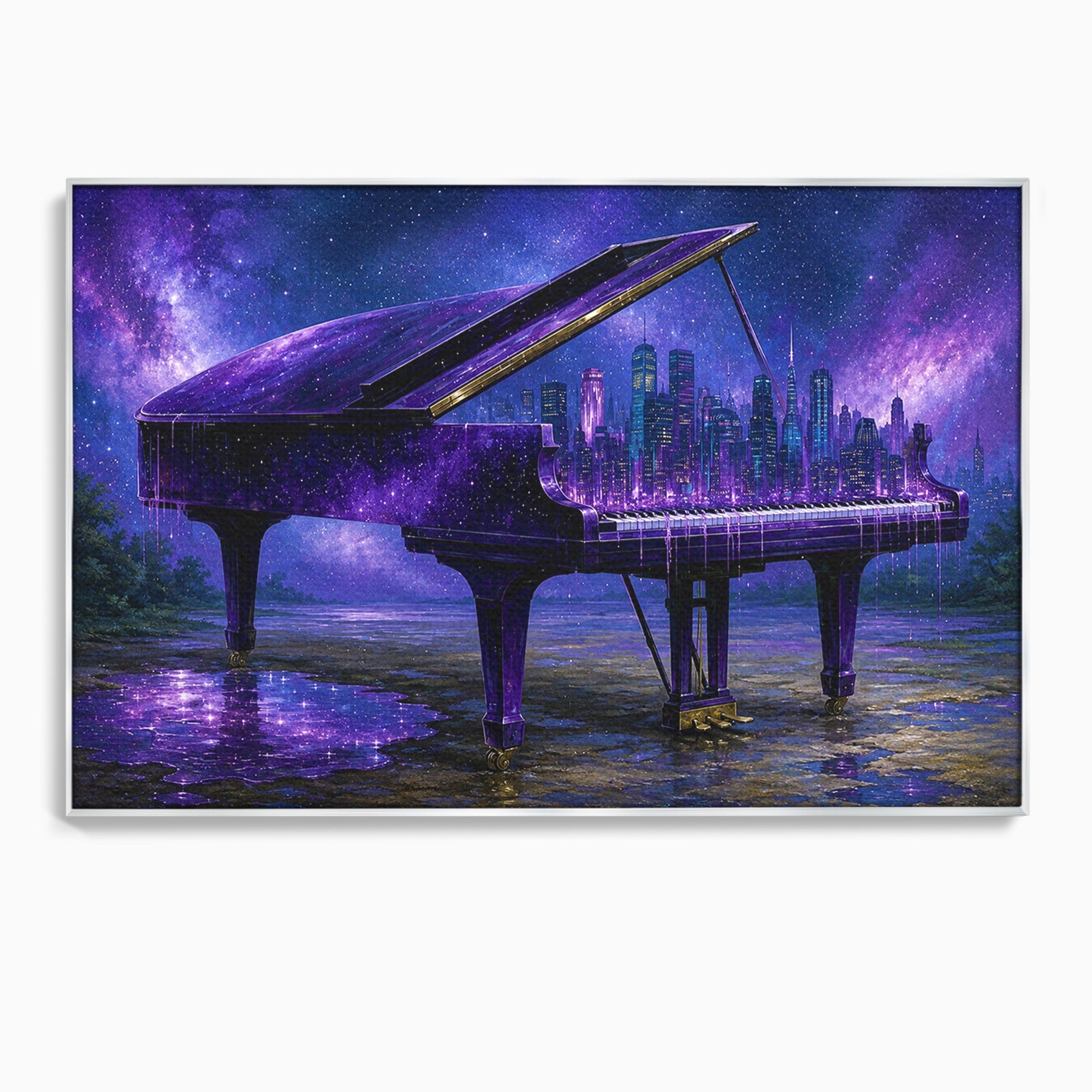 Tablou Canvas Premium LuxCanva® R1052, Pianul Cosmic, Pian, Cosmos, Oras, Noapte, Visare, Living, Culori Vibrante