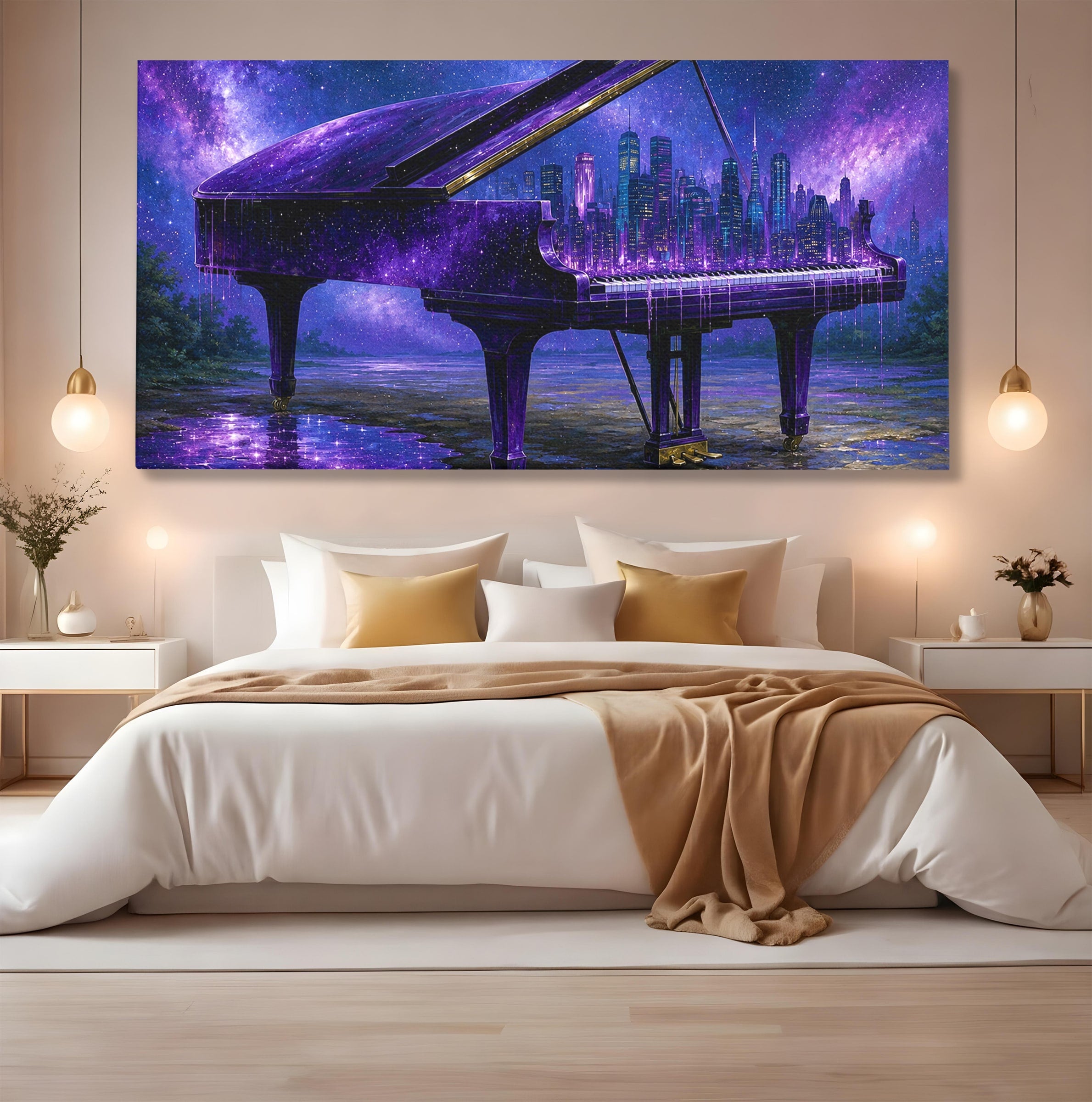 Tablou Canvas Premium LuxCanva® R1052, Pianul Cosmic, Pian, Cosmos, Oras, Noapte, Visare, Living, Culori Vibrante
