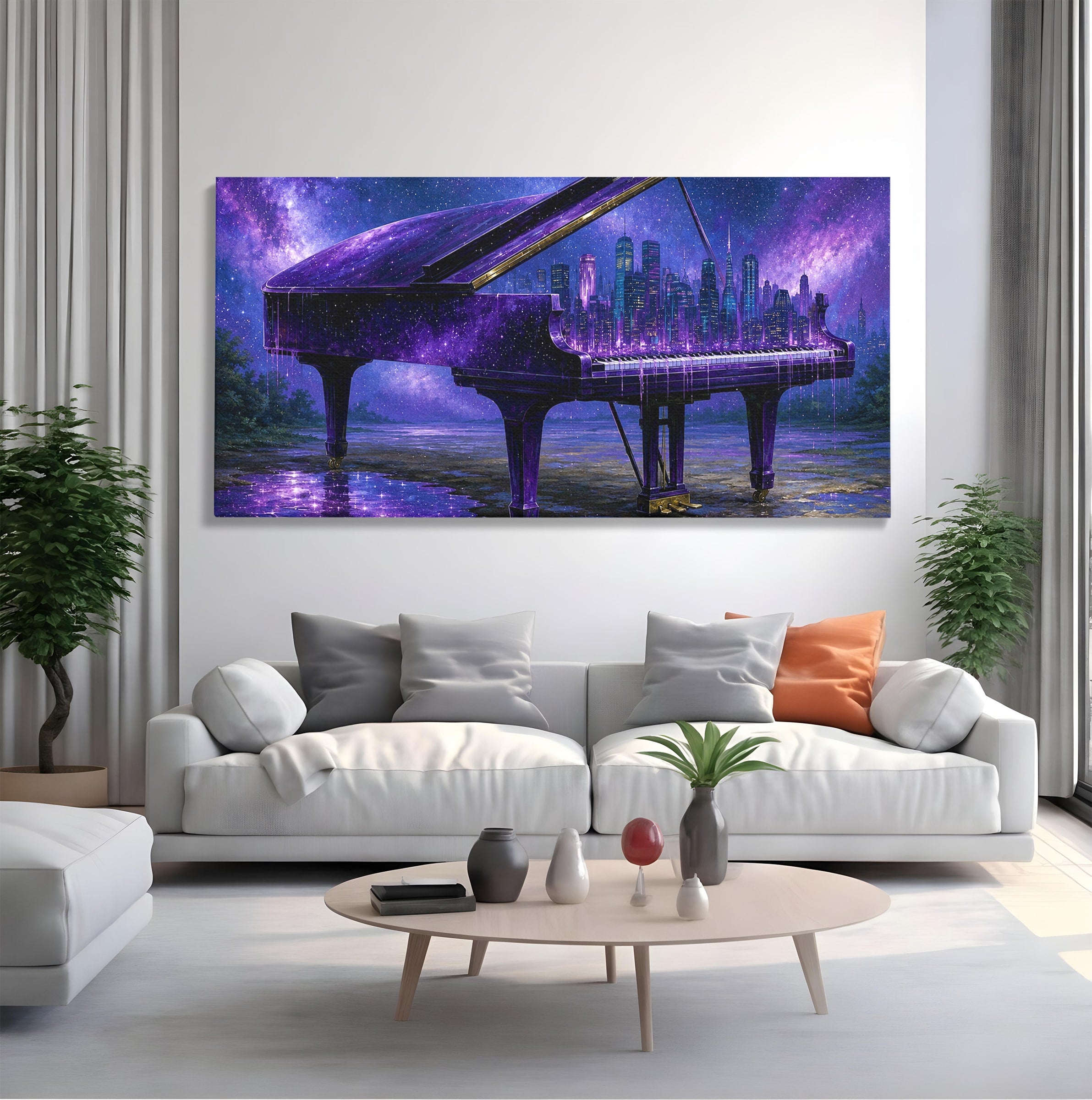 Tablou Canvas Premium LuxCanva® R1052, Pianul Cosmic, Pian, Cosmos, Oras, Noapte, Visare, Living, Culori Vibrante