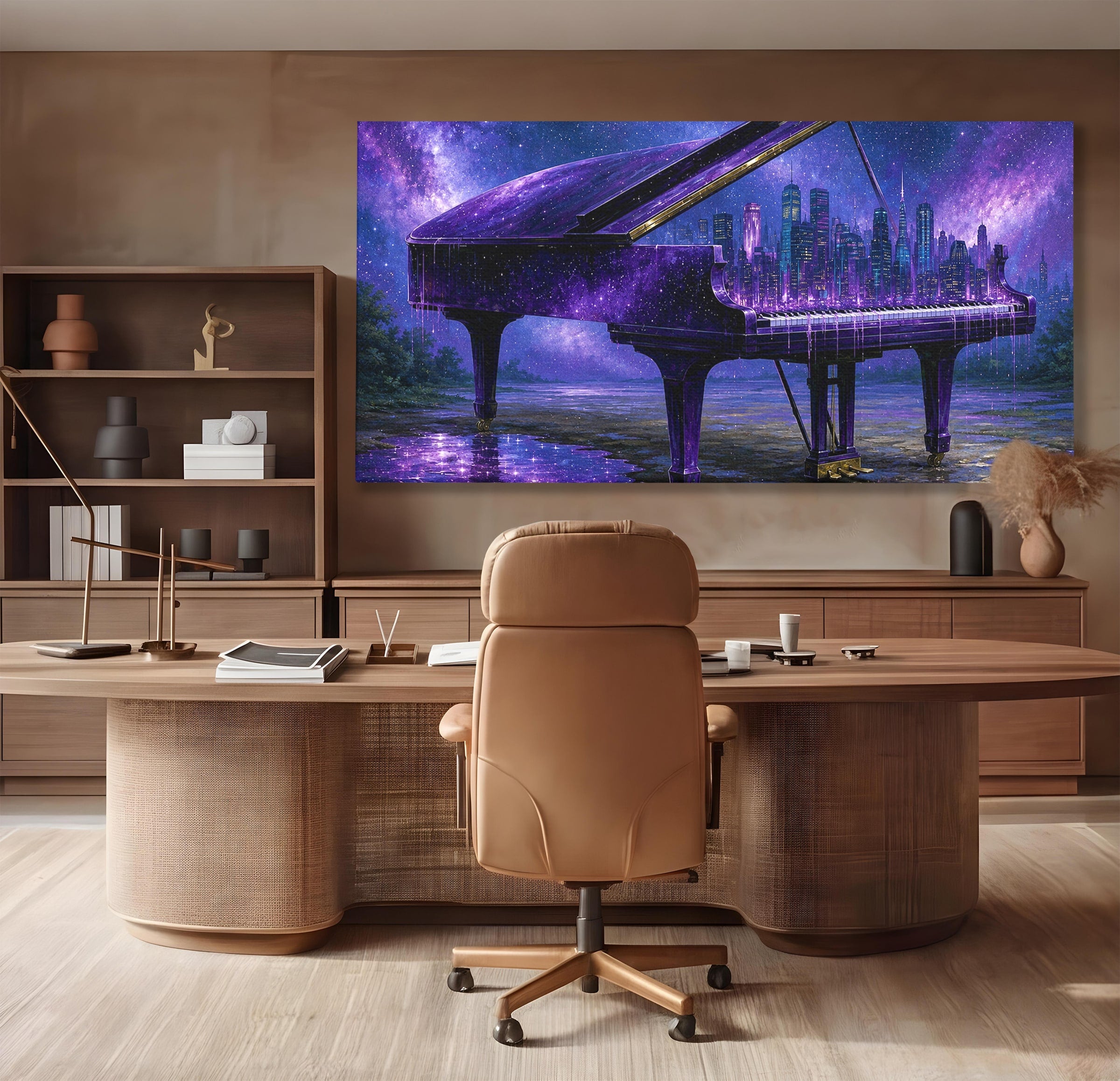 Tablou Canvas Premium LuxCanva® R1052, Pianul Cosmic, Pian, Cosmos, Oras, Noapte, Visare, Living, Culori Vibrante