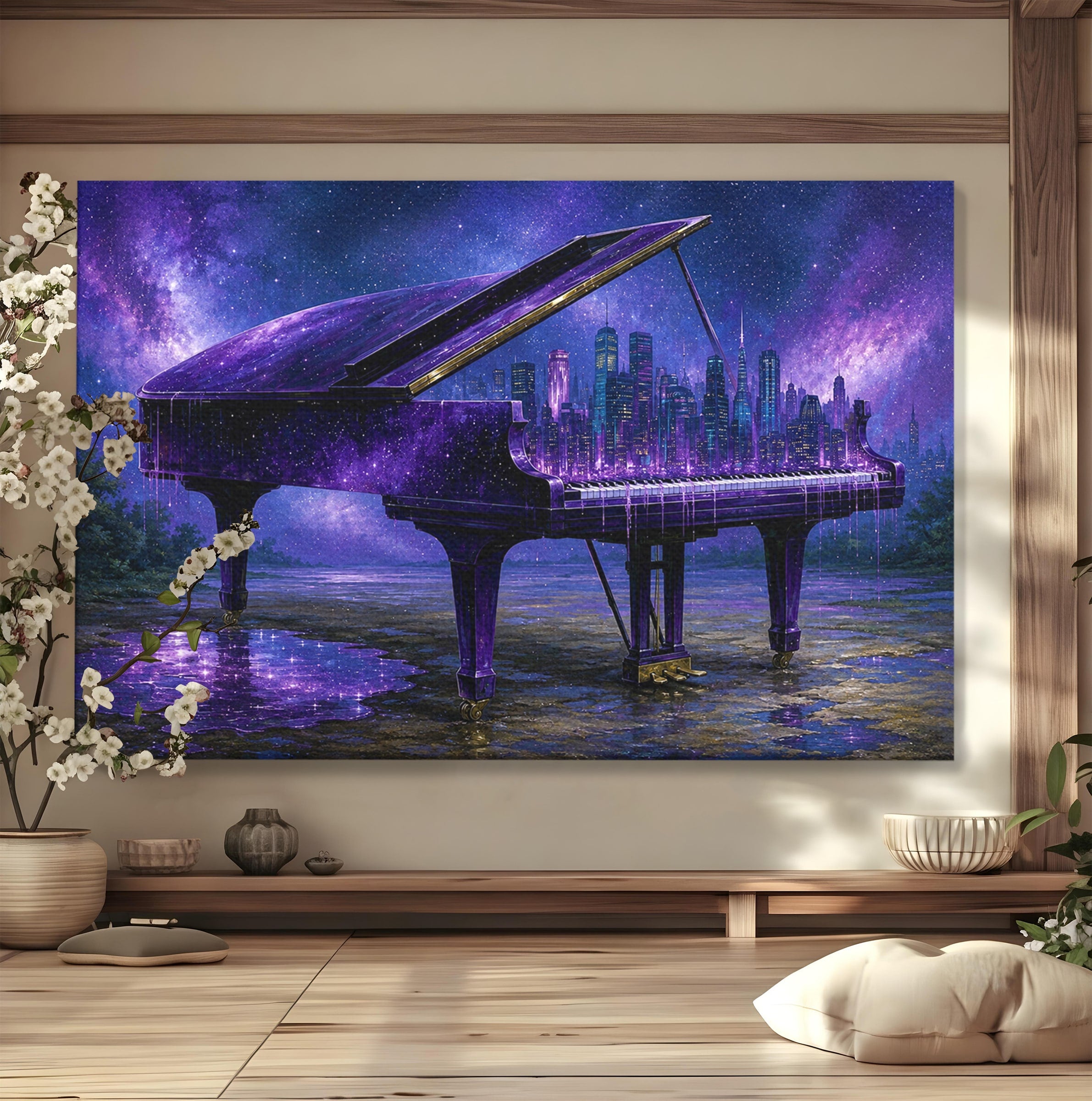 Tablou Canvas Premium LuxCanva® R1052, Pianul Cosmic, Pian, Cosmos, Oras, Noapte, Visare, Living, Culori Vibrante