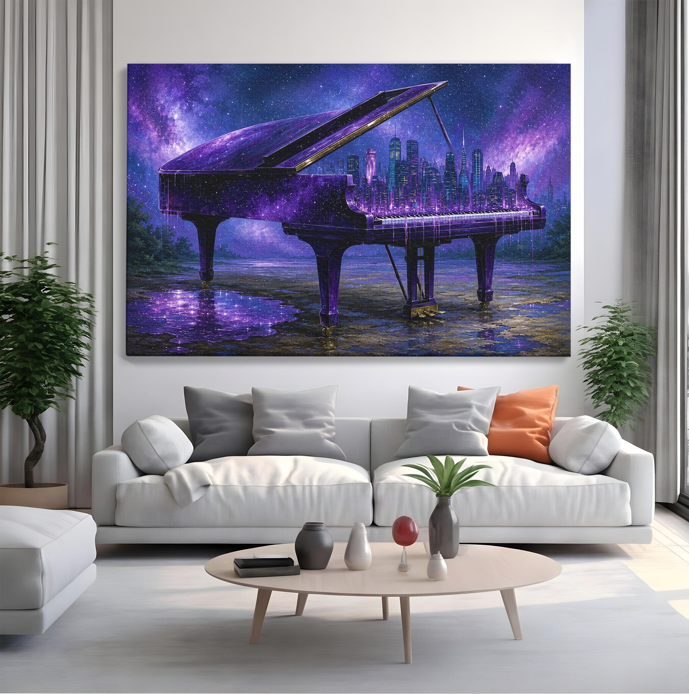 Tablou Canvas Premium LuxCanva® R1052, Pianul Cosmic, Pian, Cosmos, Oras, Noapte, Visare, Living, Culori Vibrante