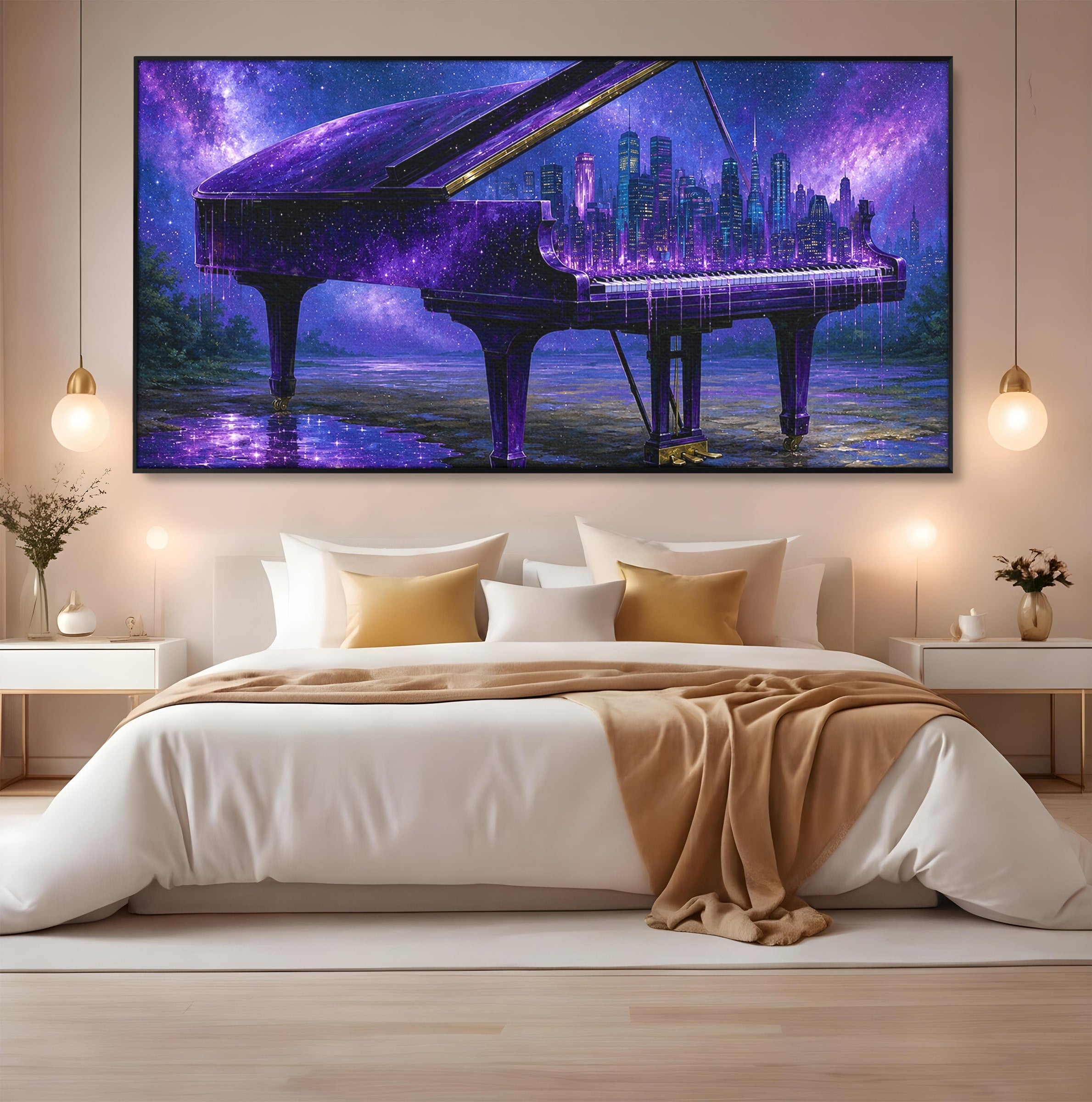 Tablou Canvas Premium LuxCanva® R1052, Pianul Cosmic, Pian, Cosmos, Oras, Noapte, Visare, Living, Culori Vibrante