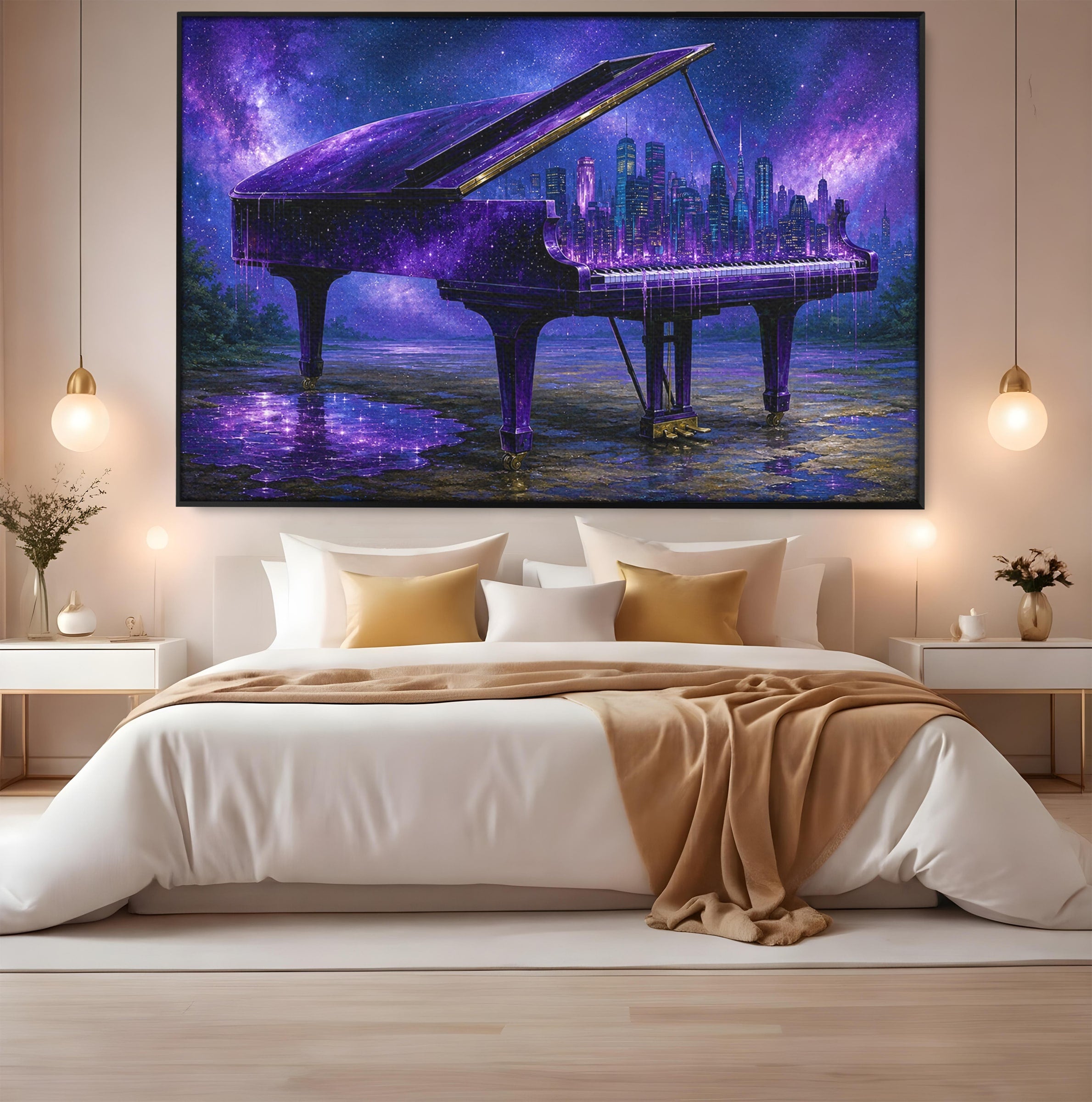 Tablou Canvas Premium LuxCanva® R1052, Pianul Cosmic, Pian, Cosmos, Oras, Noapte, Visare, Living, Culori Vibrante