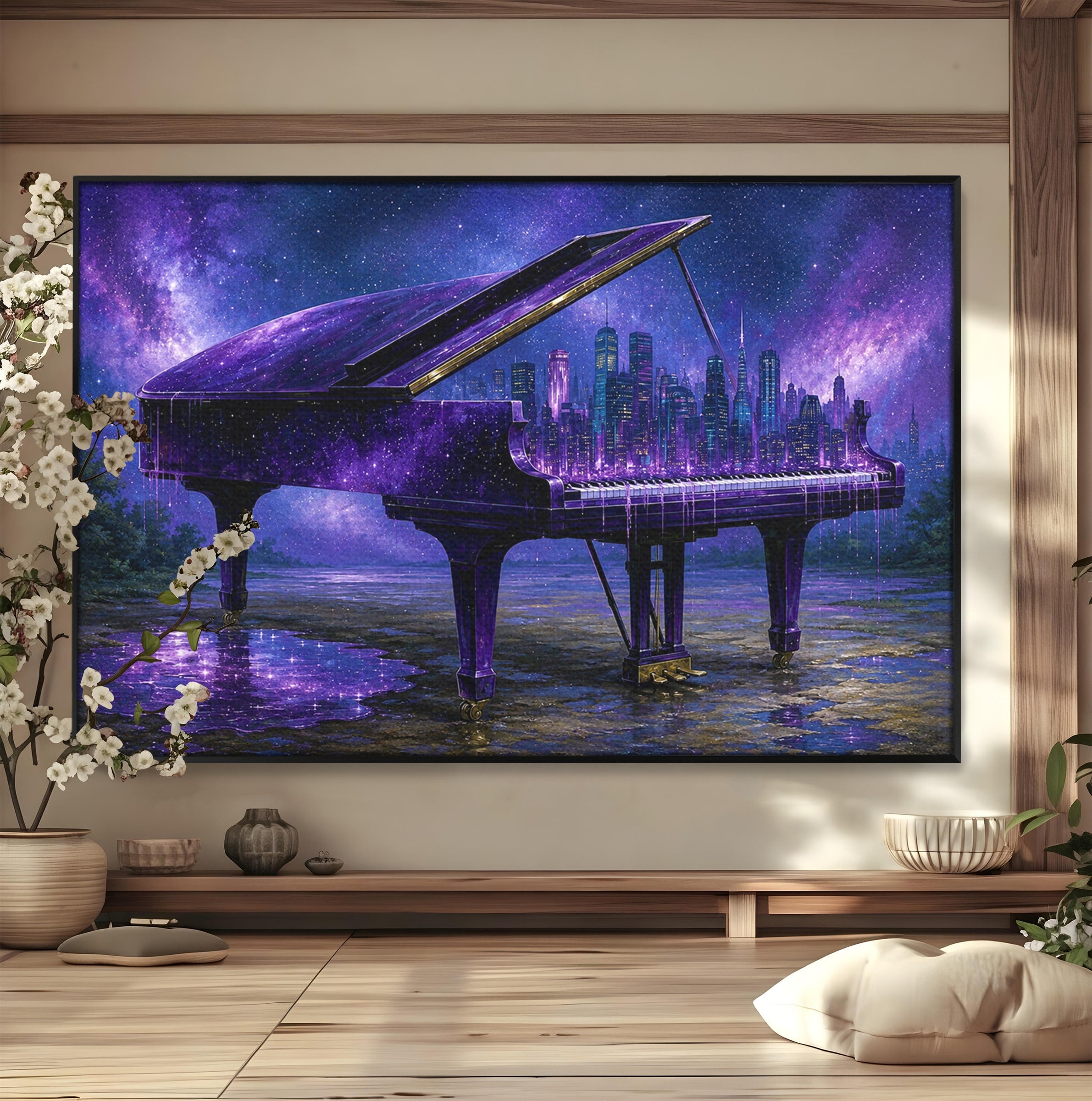 Tablou Canvas Premium LuxCanva® R1052, Pianul Cosmic, Pian, Cosmos, Oras, Noapte, Visare, Living, Culori Vibrante