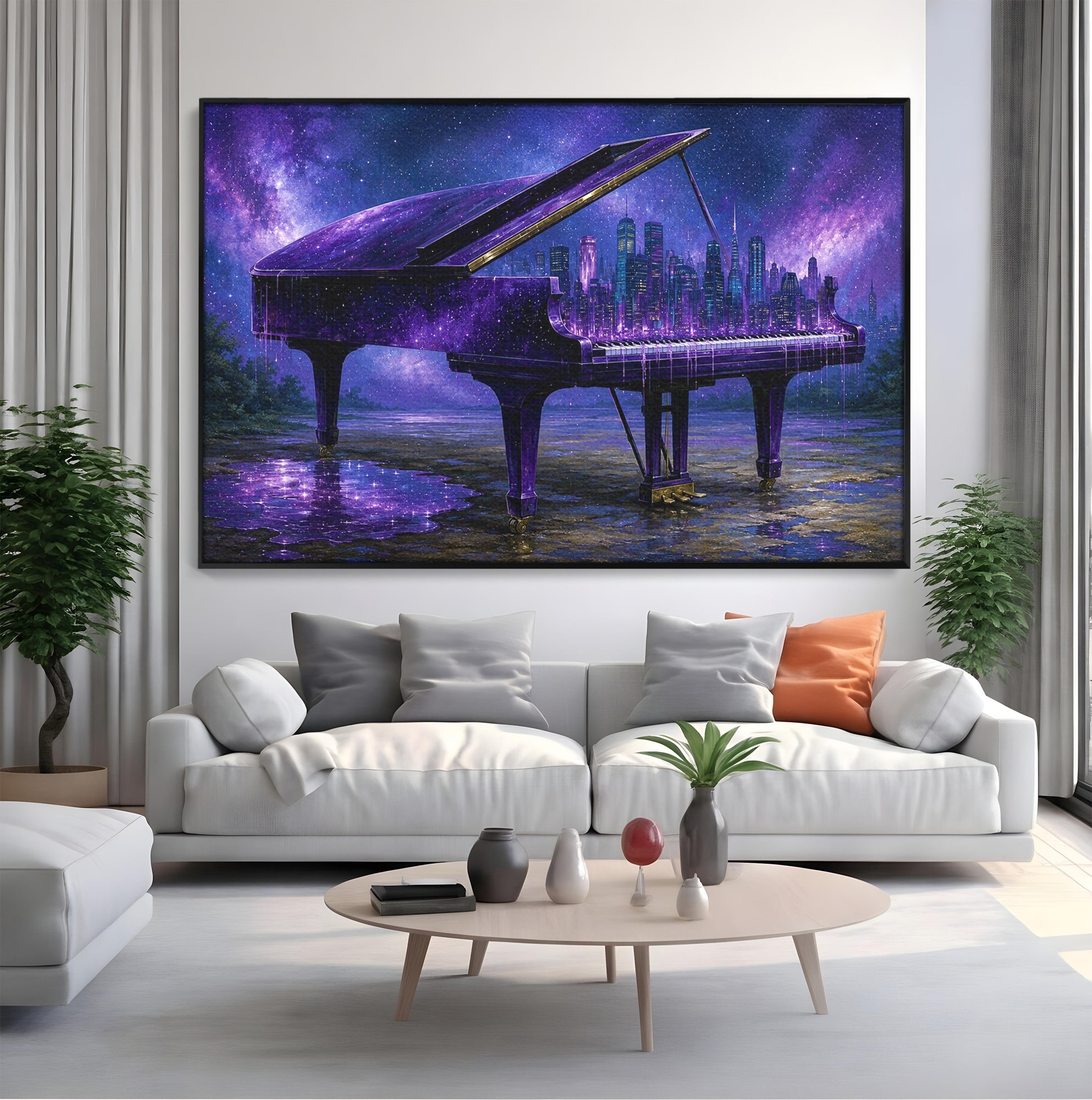 Tablou Canvas Premium LuxCanva® R1052, Pianul Cosmic, Pian, Cosmos, Oras, Noapte, Visare, Living, Culori Vibrante