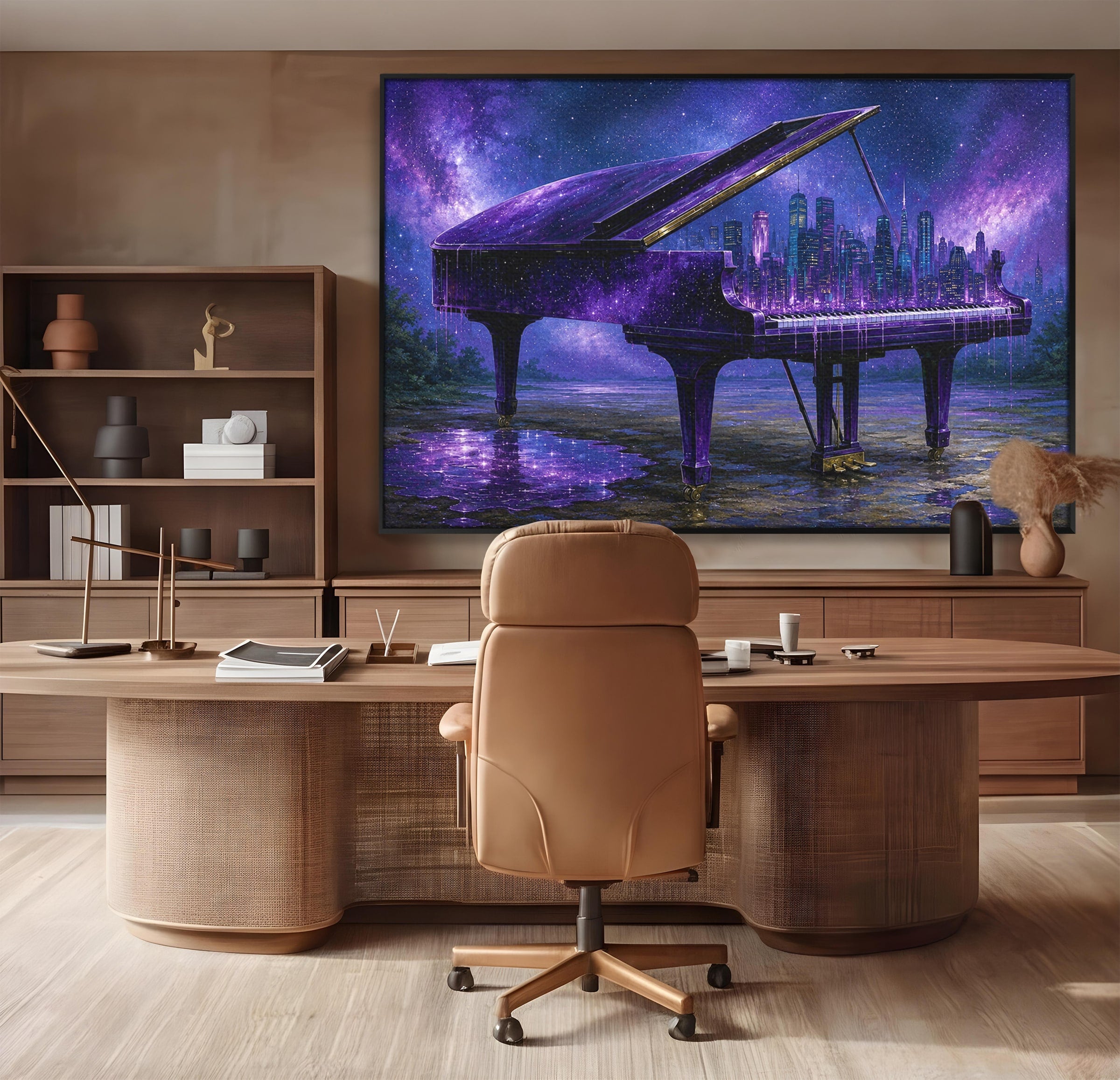 Tablou Canvas Premium LuxCanva® R1052, Pianul Cosmic, Pian, Cosmos, Oras, Noapte, Visare, Living, Culori Vibrante