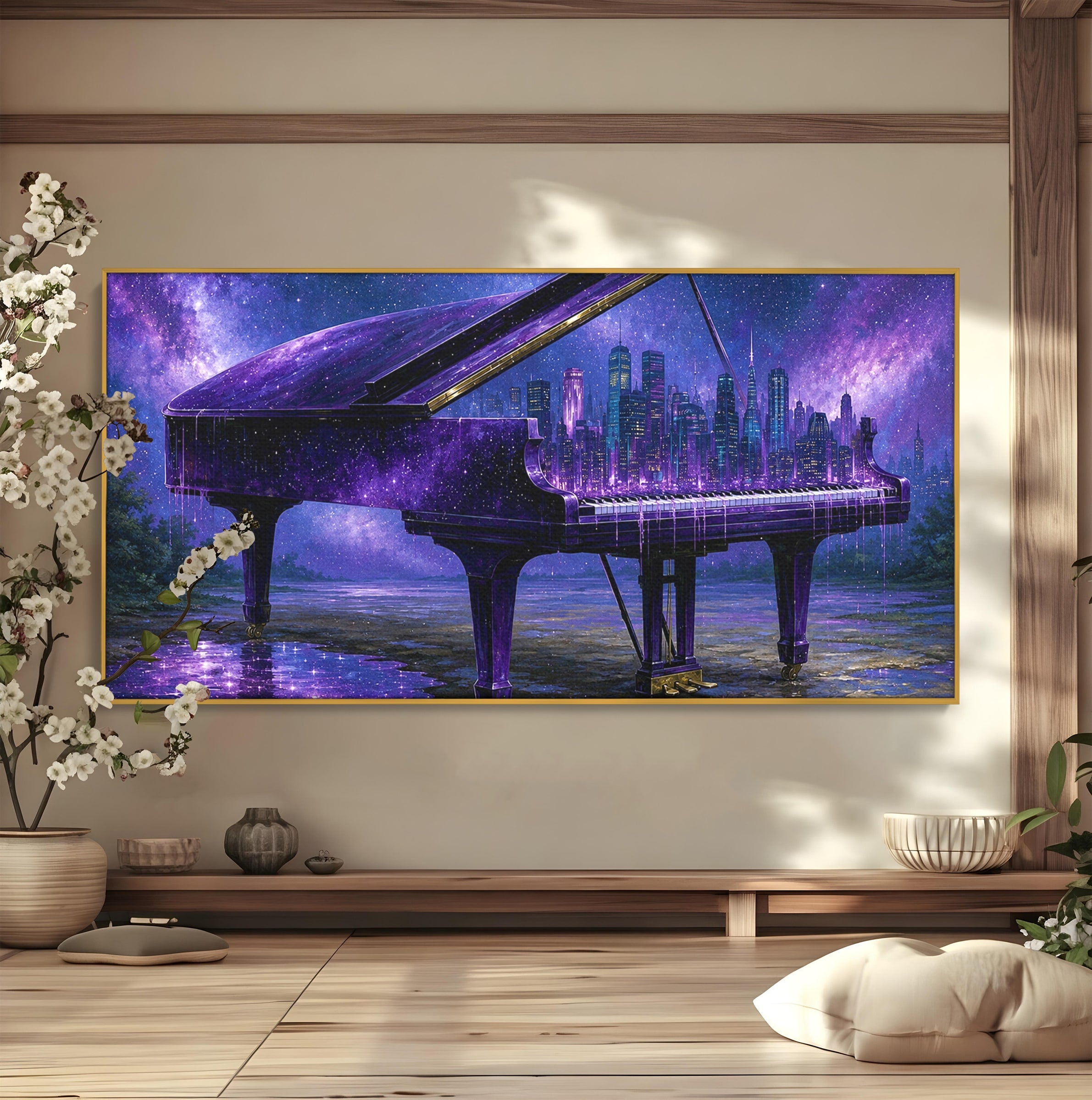 Tablou Canvas Premium LuxCanva® R1052, Pianul Cosmic, Pian, Cosmos, Oras, Noapte, Visare, Living, Culori Vibrante
