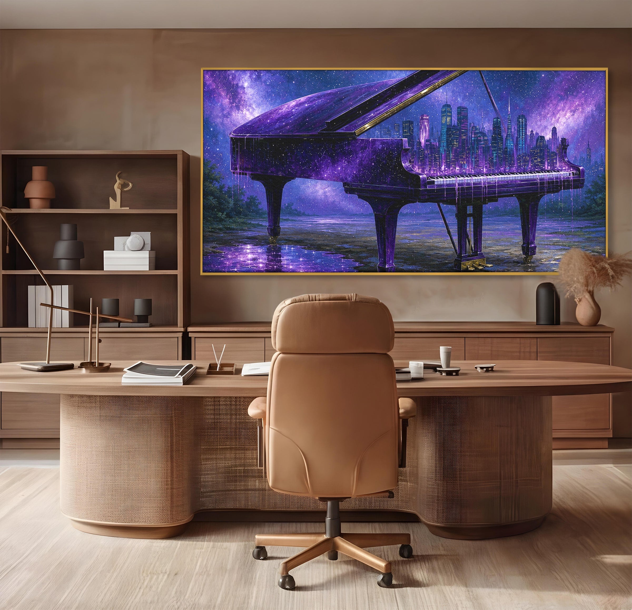 Tablou Canvas Premium LuxCanva® R1052, Pianul Cosmic, Pian, Cosmos, Oras, Noapte, Visare, Living, Culori Vibrante
