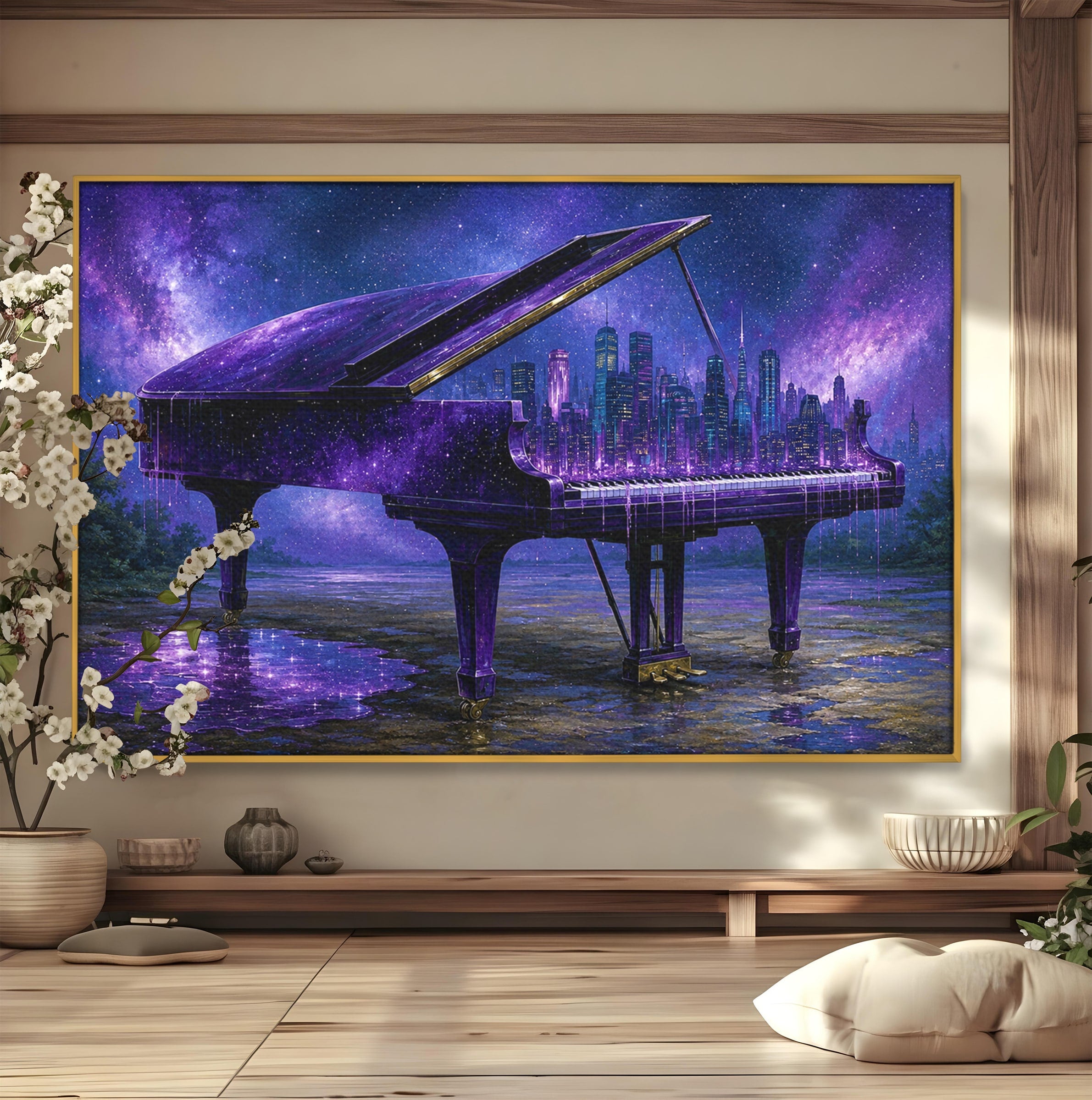 Tablou Canvas Premium LuxCanva® R1052, Pianul Cosmic, Pian, Cosmos, Oras, Noapte, Visare, Living, Culori Vibrante