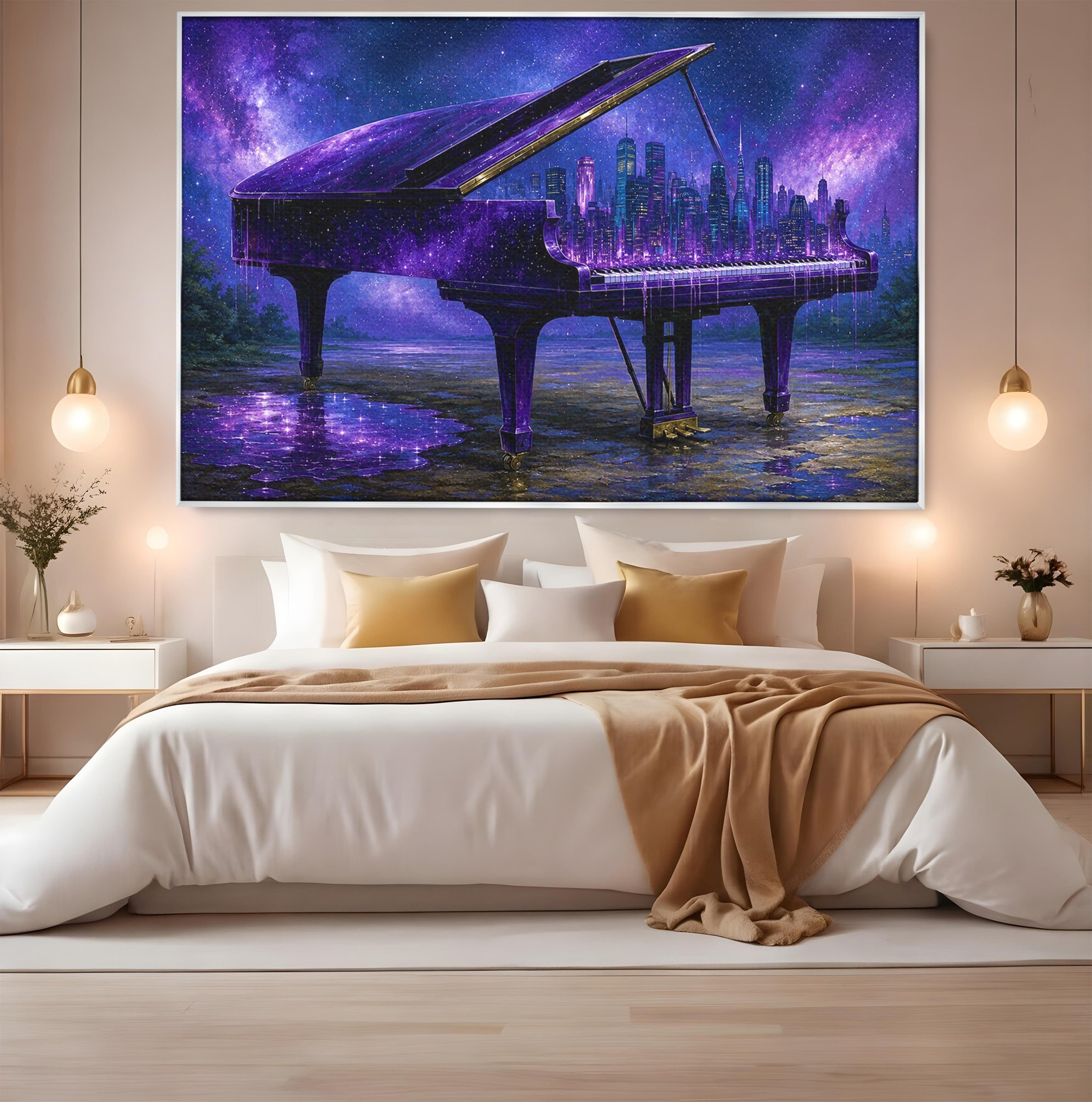 Tablou Canvas Premium LuxCanva® R1052, Pianul Cosmic, Pian, Cosmos, Oras, Noapte, Visare, Living, Culori Vibrante