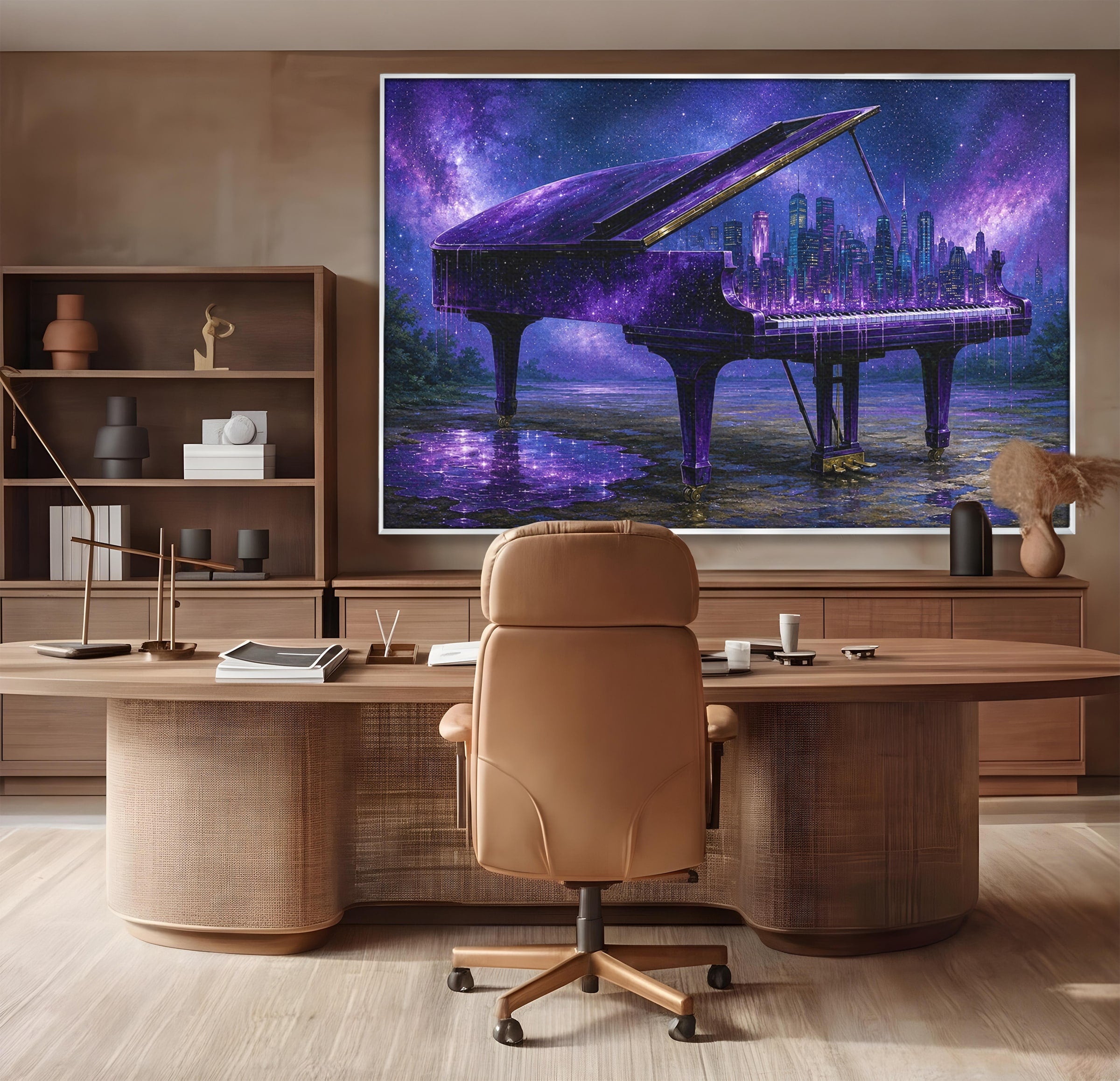 Tablou Canvas Premium LuxCanva® R1052, Pianul Cosmic, Pian, Cosmos, Oras, Noapte, Visare, Living, Culori Vibrante