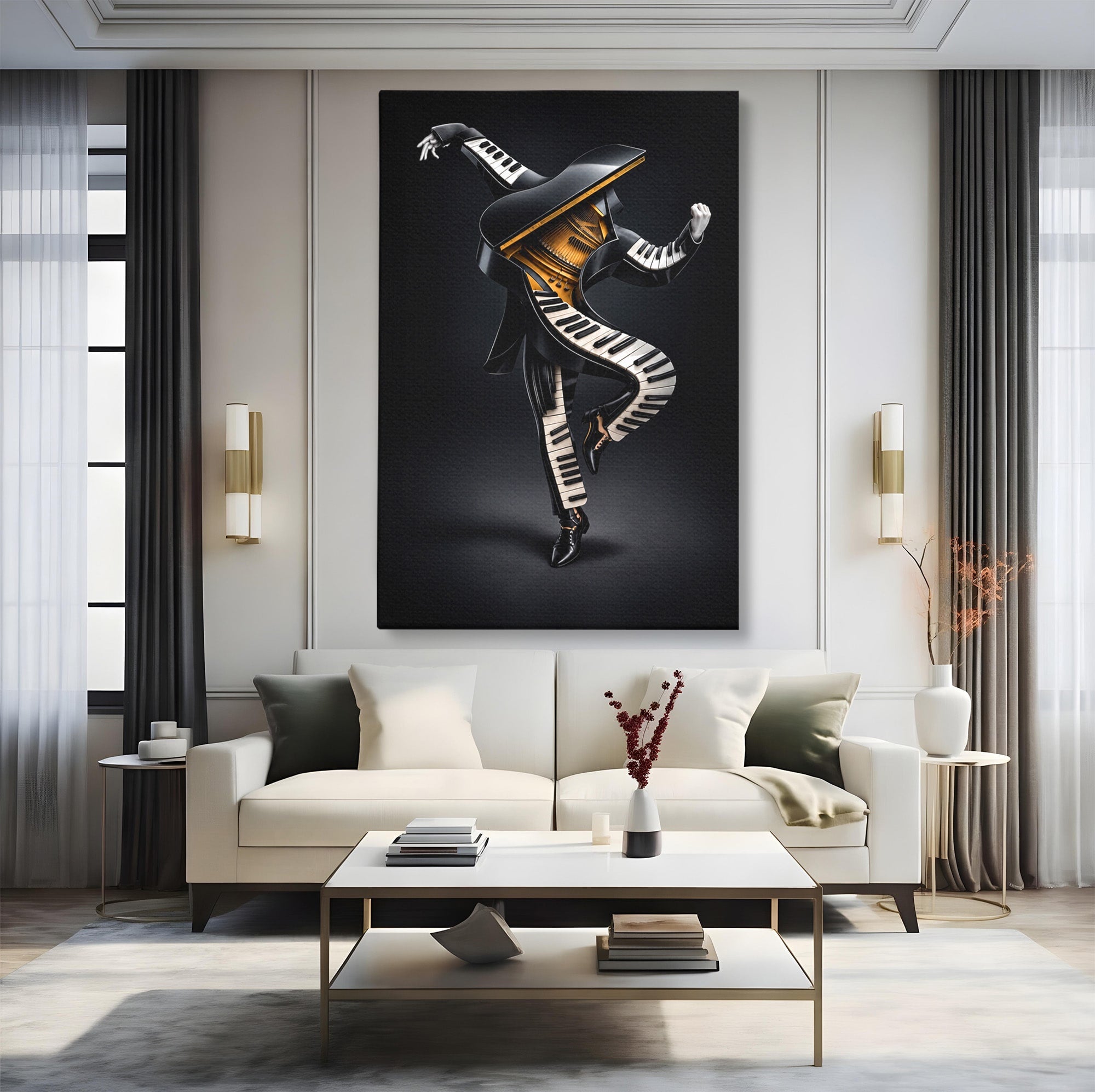 Tablou Canvas Premium LuxCanva® R1053, Dansatorul Pian, Pian, Dansator, Muzica, Arta Contemporana, Living, Culori Vibrante