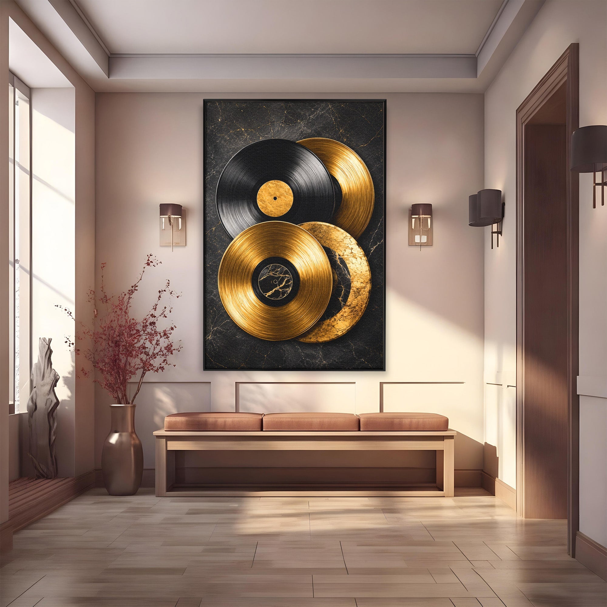 Tablou Canvas Premium LuxCanva® R1054, Viniluri Aurii, Viniluri, Muzica, Retro, Birou, Living, Culori Vibrante