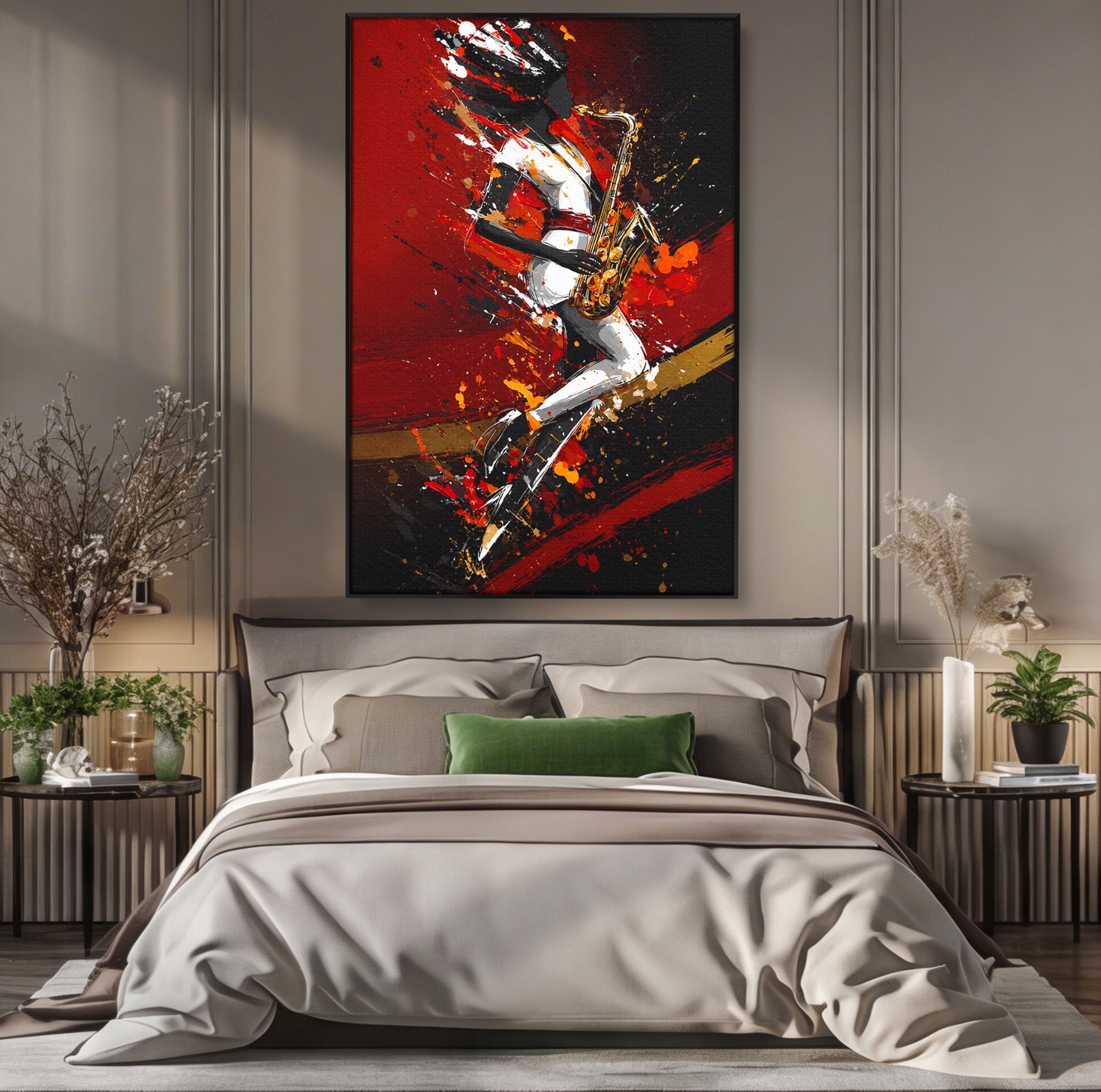 Tablou Canvas Premium LuxCanva® R1055, Saxofonistul Dinamic, Muzica, Saxofon, Arta Abstracta, Energetic, Living, Culori Vibrante
