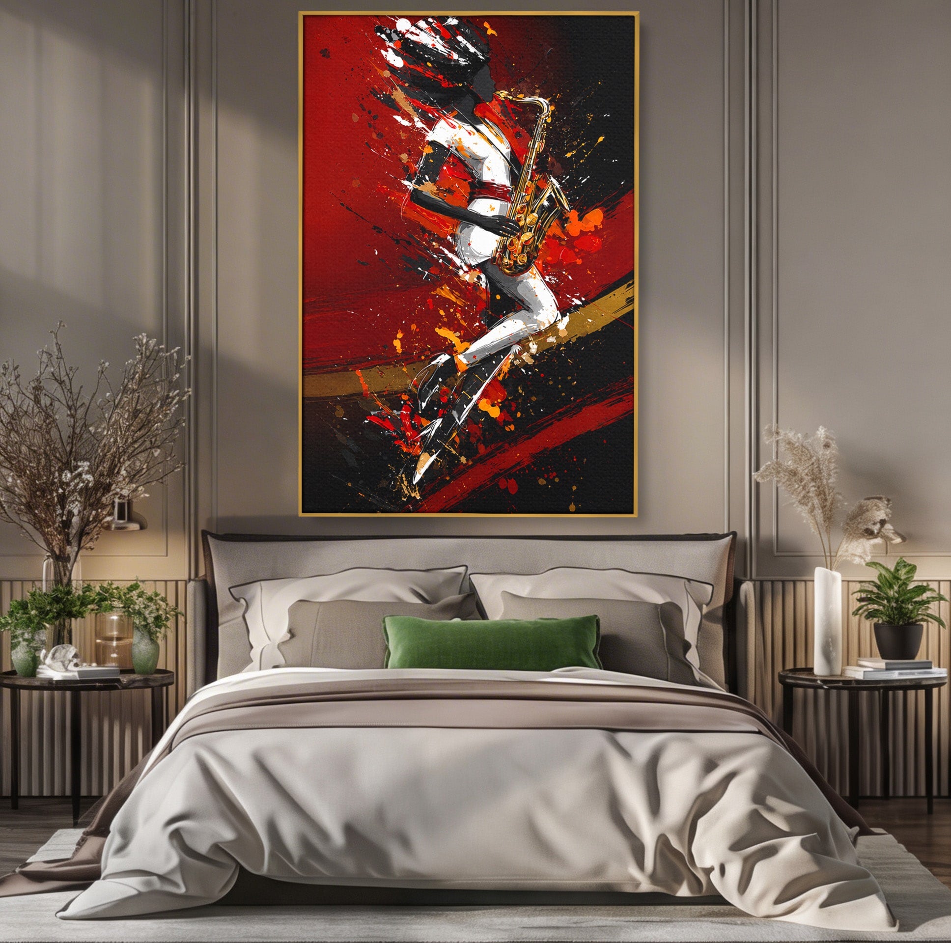 Tablou Canvas Premium LuxCanva® R1055, Saxofonistul Dinamic, Muzica, Saxofon, Arta Abstracta, Energetic, Living, Culori Vibrante