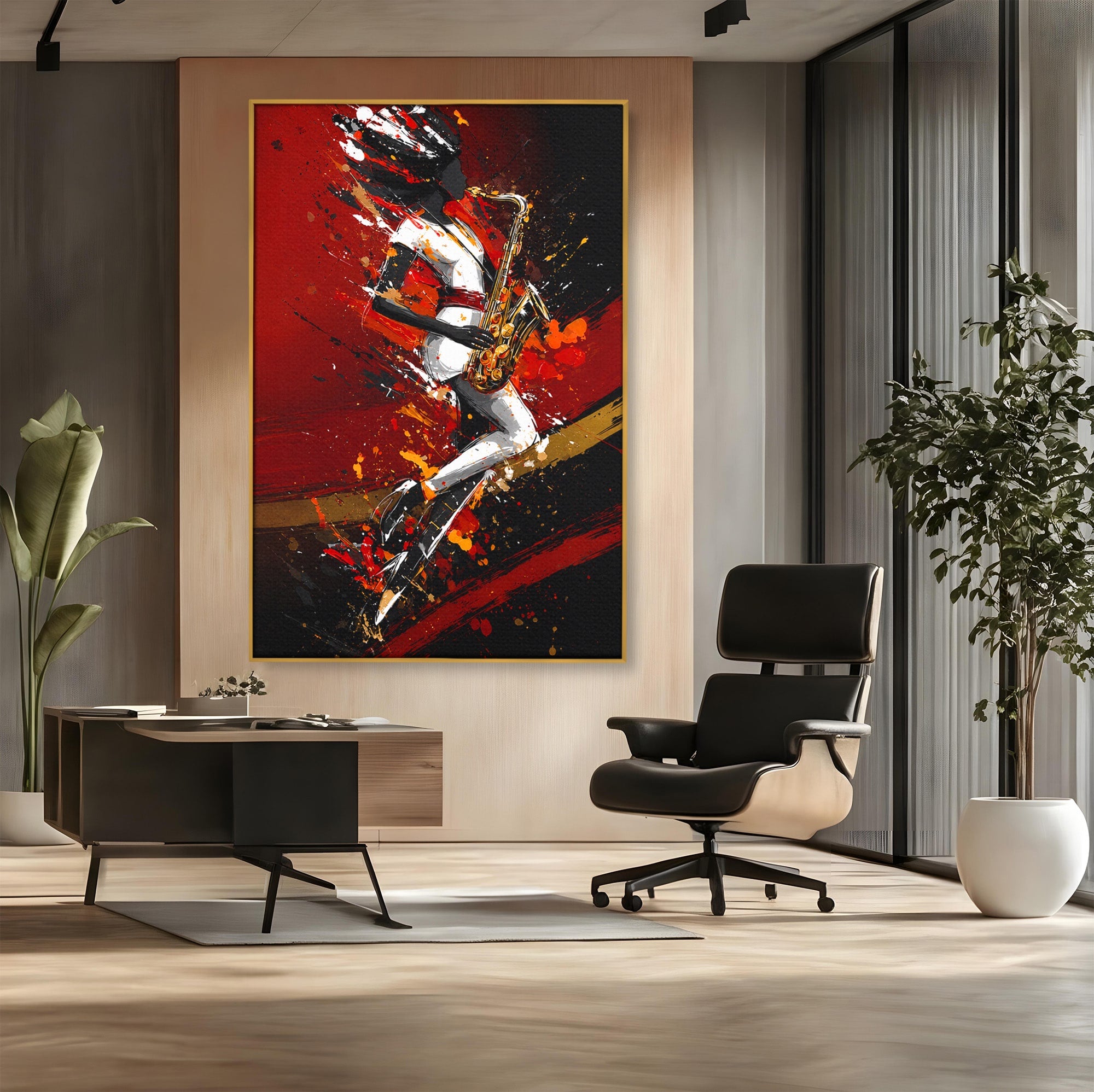 Tablou Canvas Premium LuxCanva® R1055, Saxofonistul Dinamic, Muzica, Saxofon, Arta Abstracta, Energetic, Living, Culori Vibrante