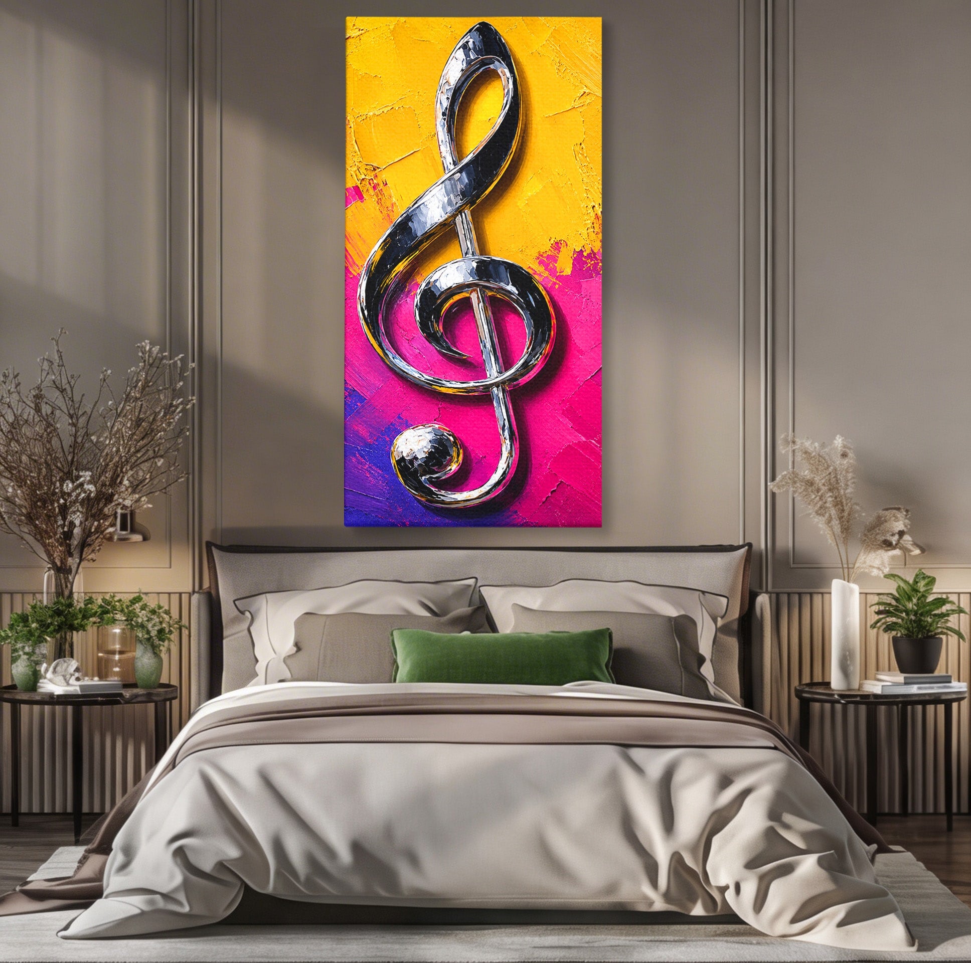 Tablou Canvas Premium LuxCanva® R1056, Cheie Sol Cromatica, Muzica, Arta Abstracta, Living, Culori Intense, Note Muzicale, Culori Vibrante
