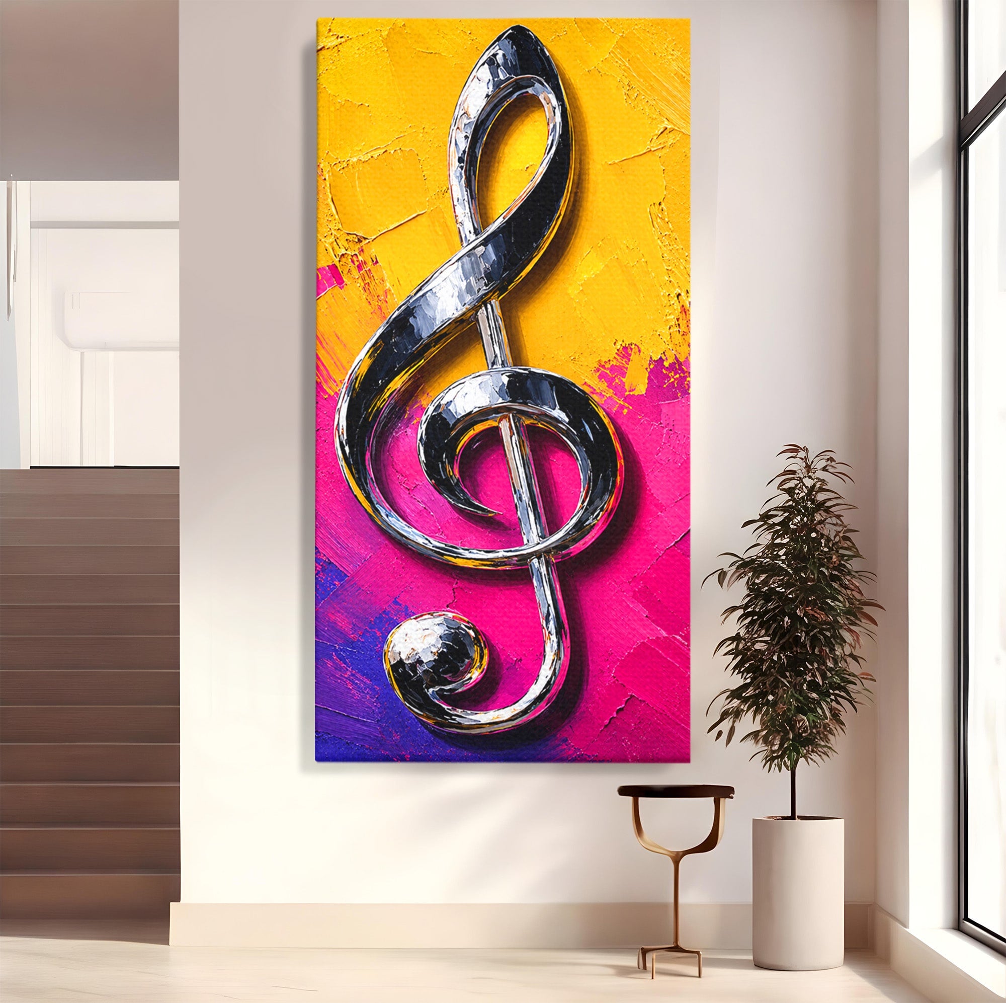 Tablou Canvas Premium LuxCanva® R1056, Cheie Sol Cromatica, Muzica, Arta Abstracta, Living, Culori Intense, Note Muzicale, Culori Vibrante