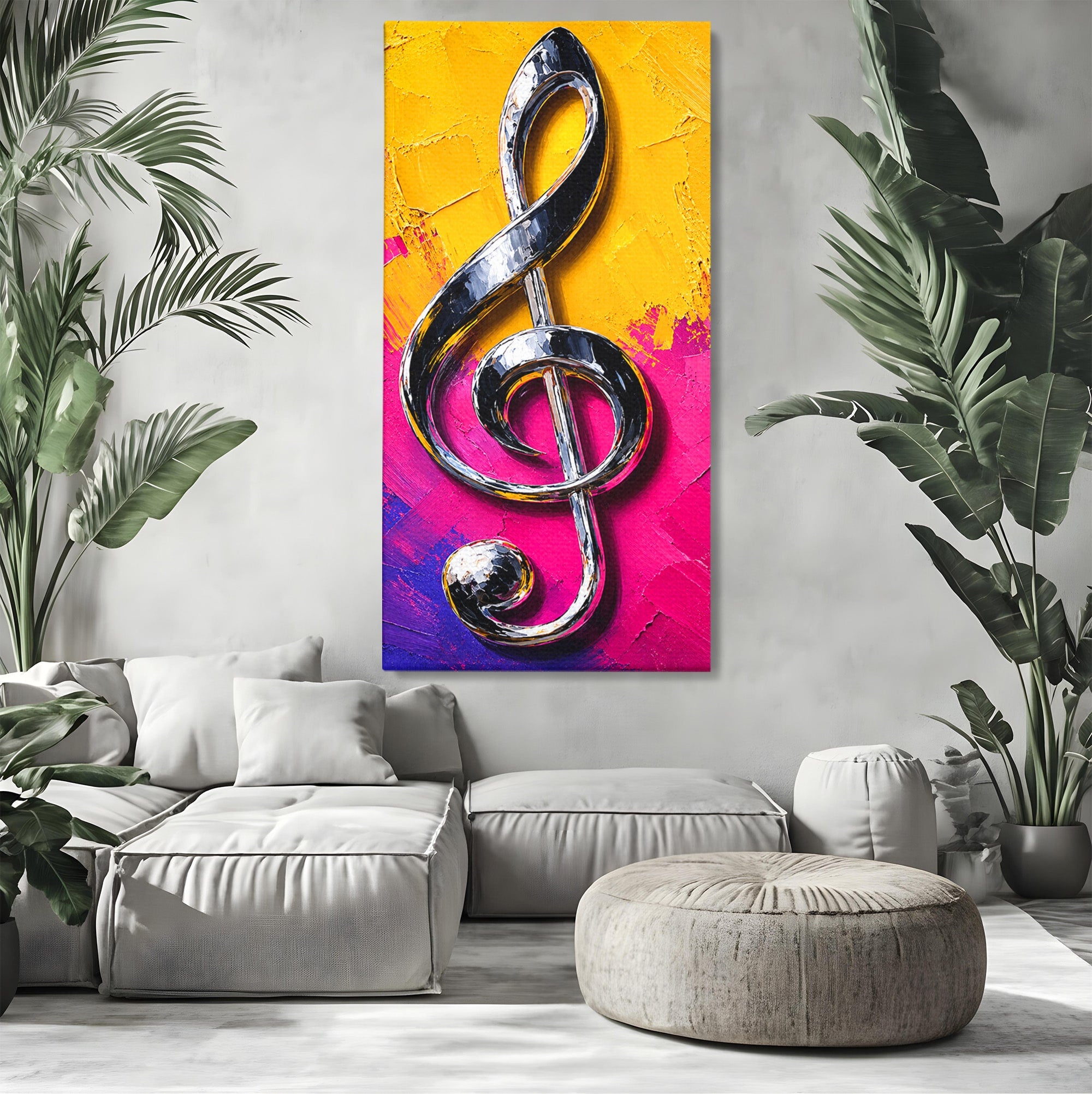 Tablou Canvas Premium LuxCanva® R1056, Cheie Sol Cromatica, Muzica, Arta Abstracta, Living, Culori Intense, Note Muzicale, Culori Vibrante
