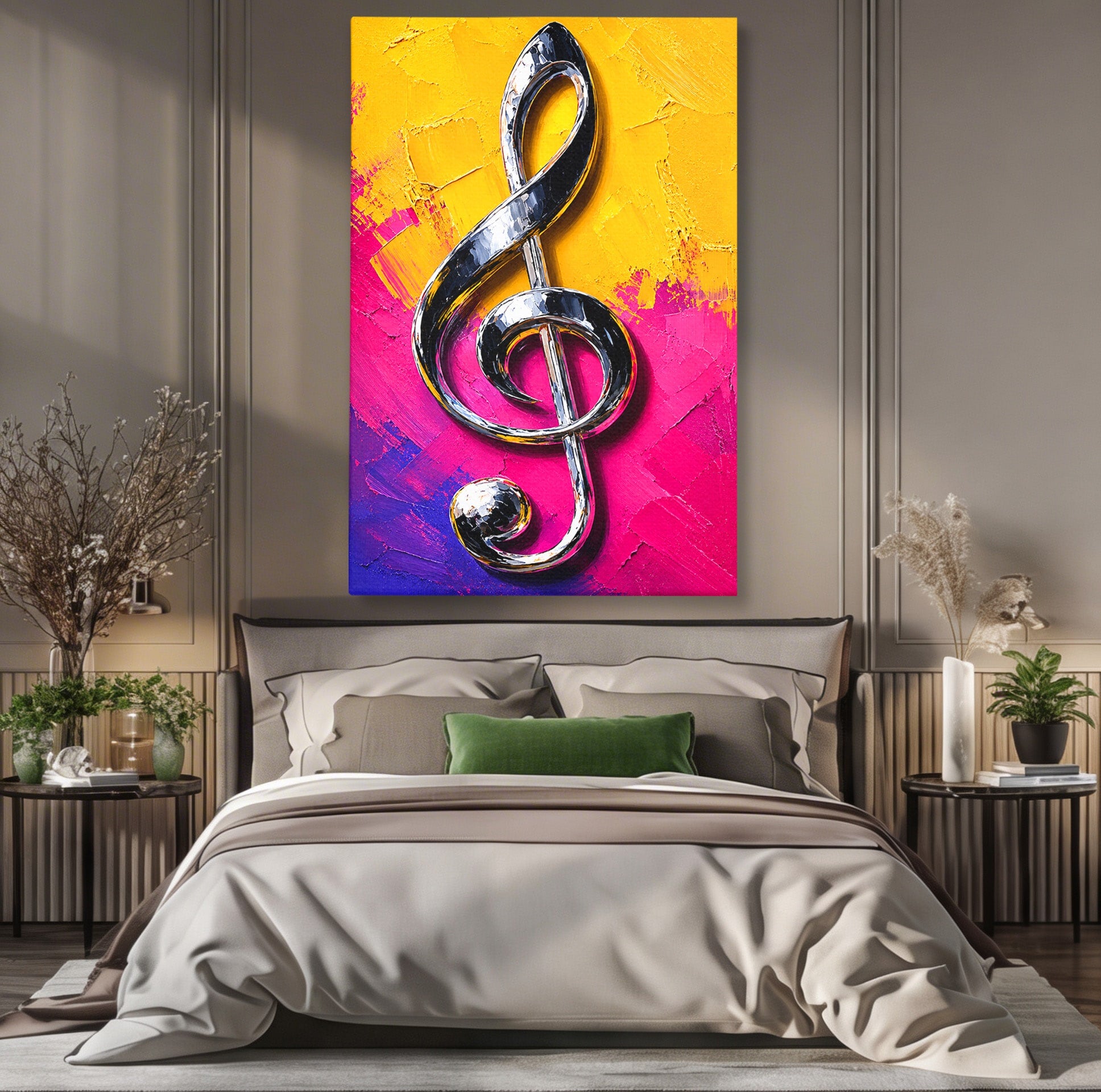 Tablou Canvas Premium LuxCanva® R1056, Cheie Sol Cromatica, Muzica, Arta Abstracta, Living, Culori Intense, Note Muzicale, Culori Vibrante
