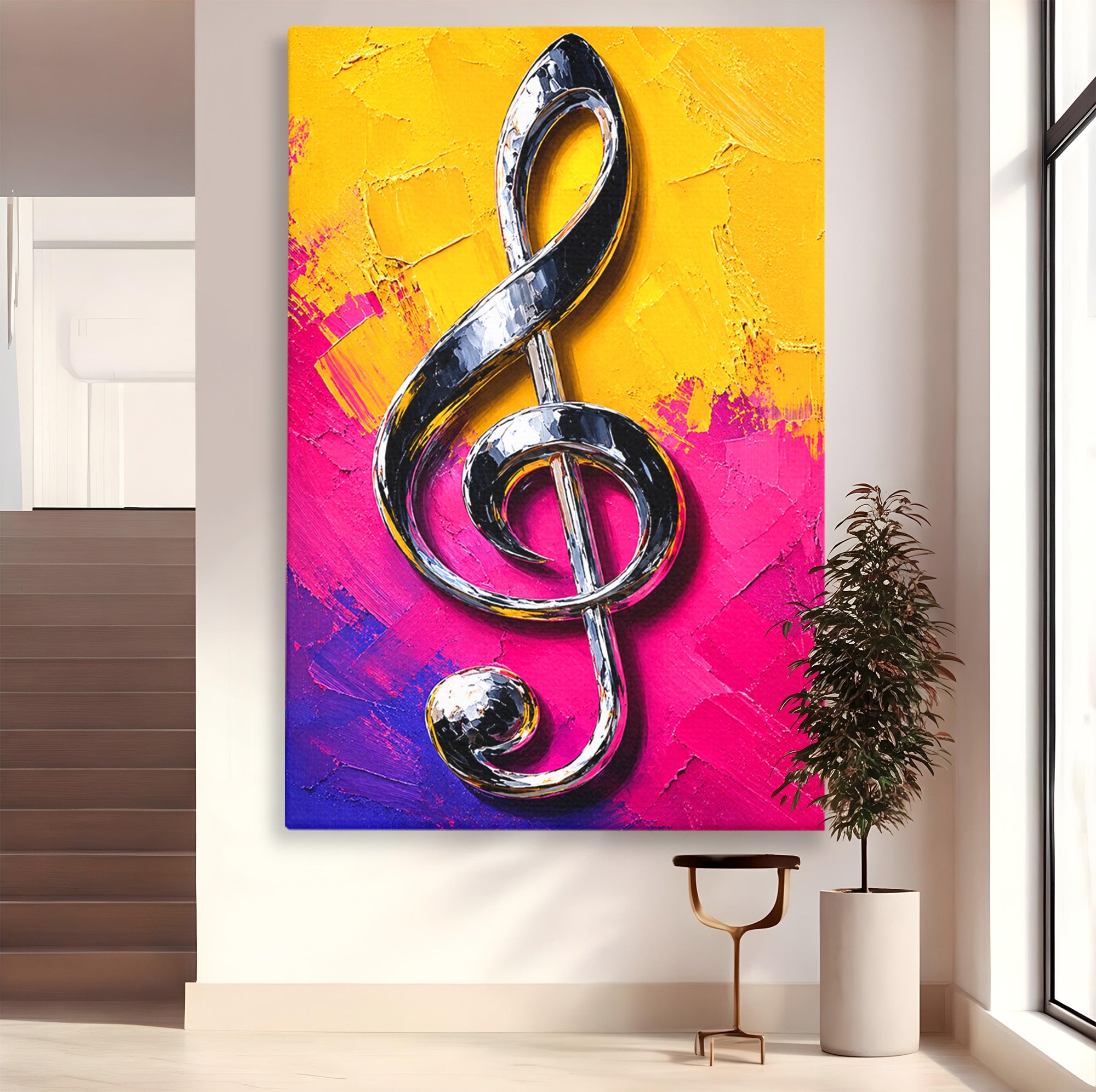 Tablou Canvas Premium LuxCanva® R1056, Cheie Sol Cromatica, Muzica, Arta Abstracta, Living, Culori Intense, Note Muzicale, Culori Vibrante