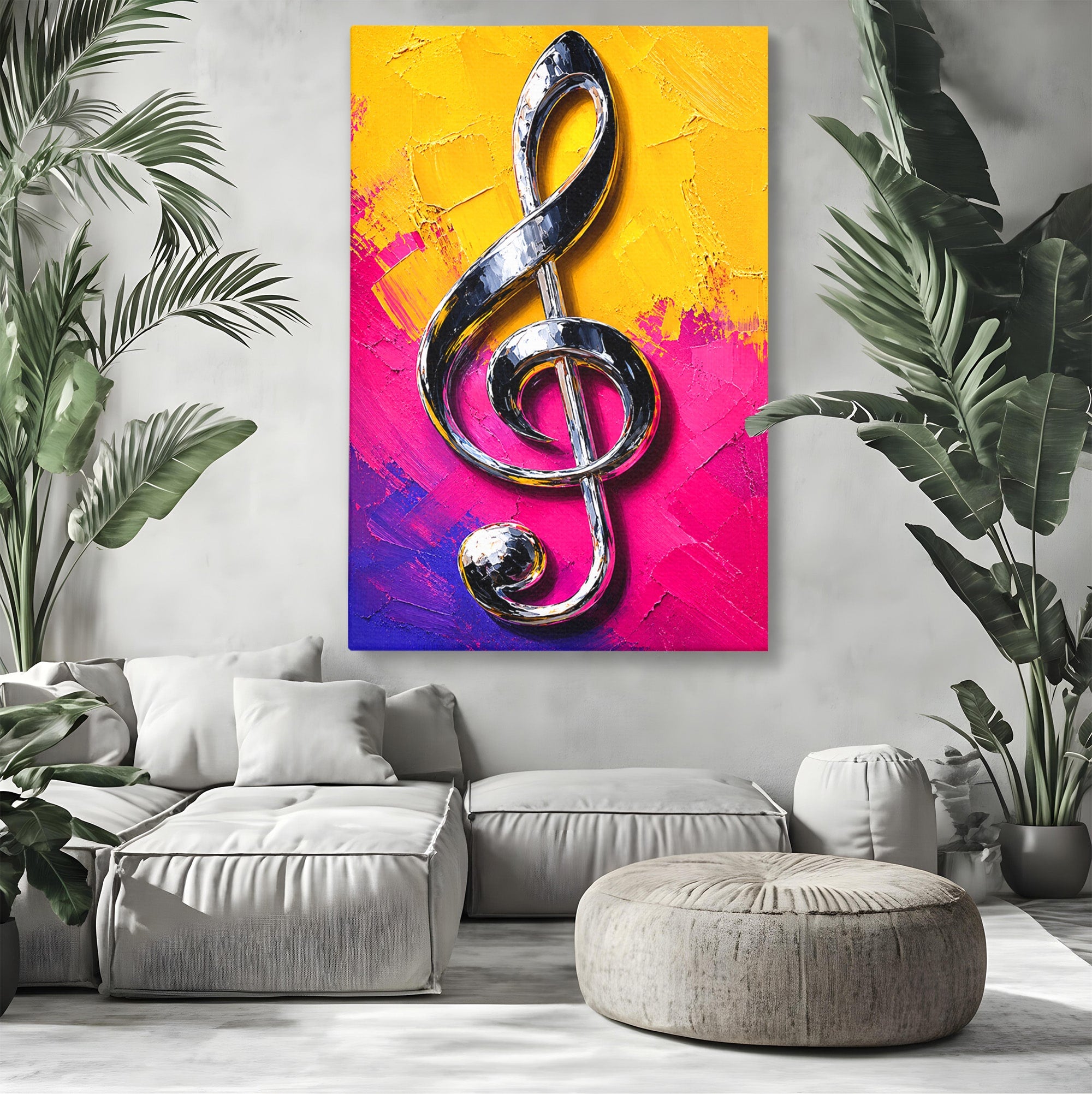 Tablou Canvas Premium LuxCanva® R1056, Cheie Sol Cromatica, Muzica, Arta Abstracta, Living, Culori Intense, Note Muzicale, Culori Vibrante