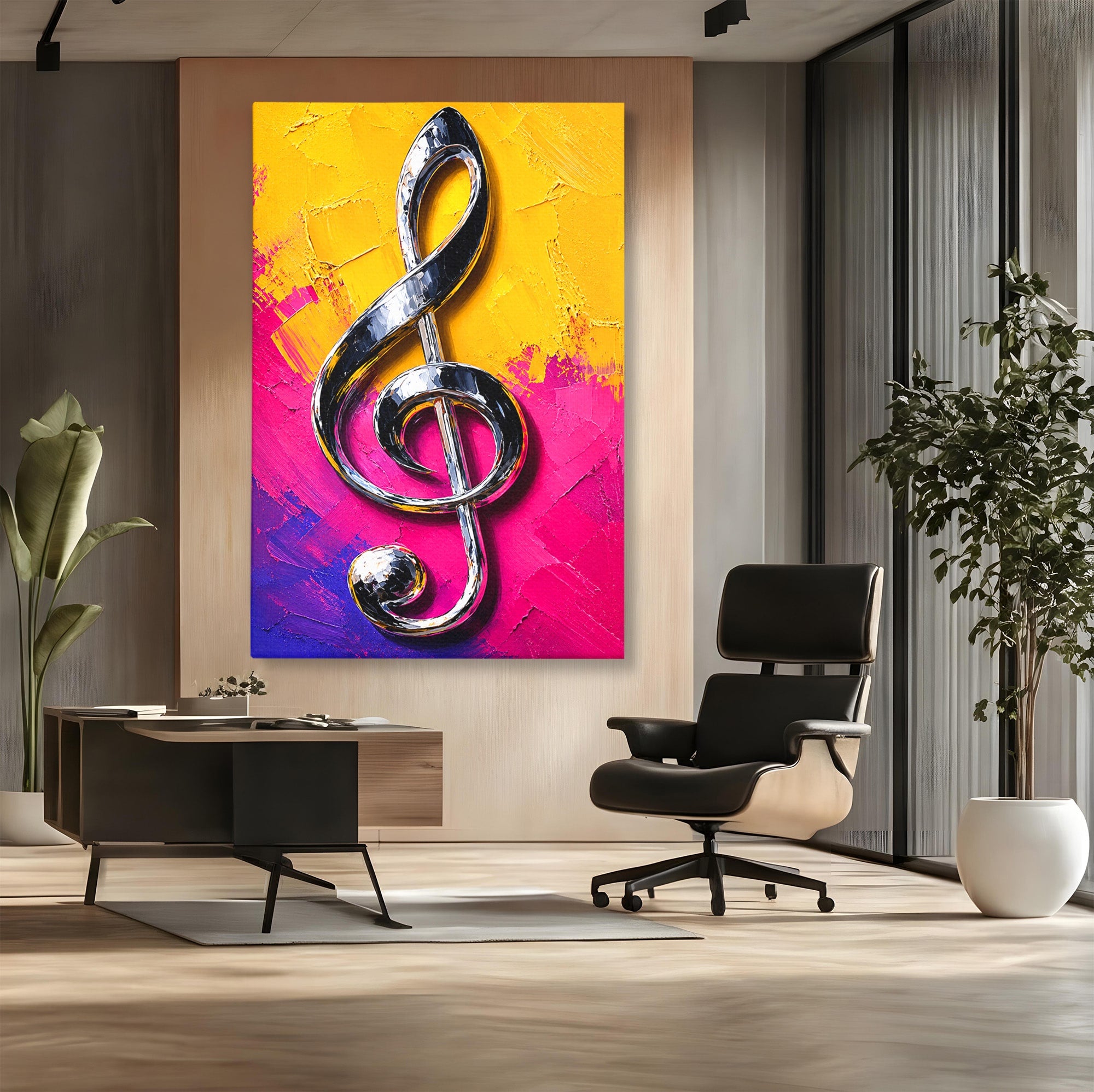 Tablou Canvas Premium LuxCanva® R1056, Cheie Sol Cromatica, Muzica, Arta Abstracta, Living, Culori Intense, Note Muzicale, Culori Vibrante