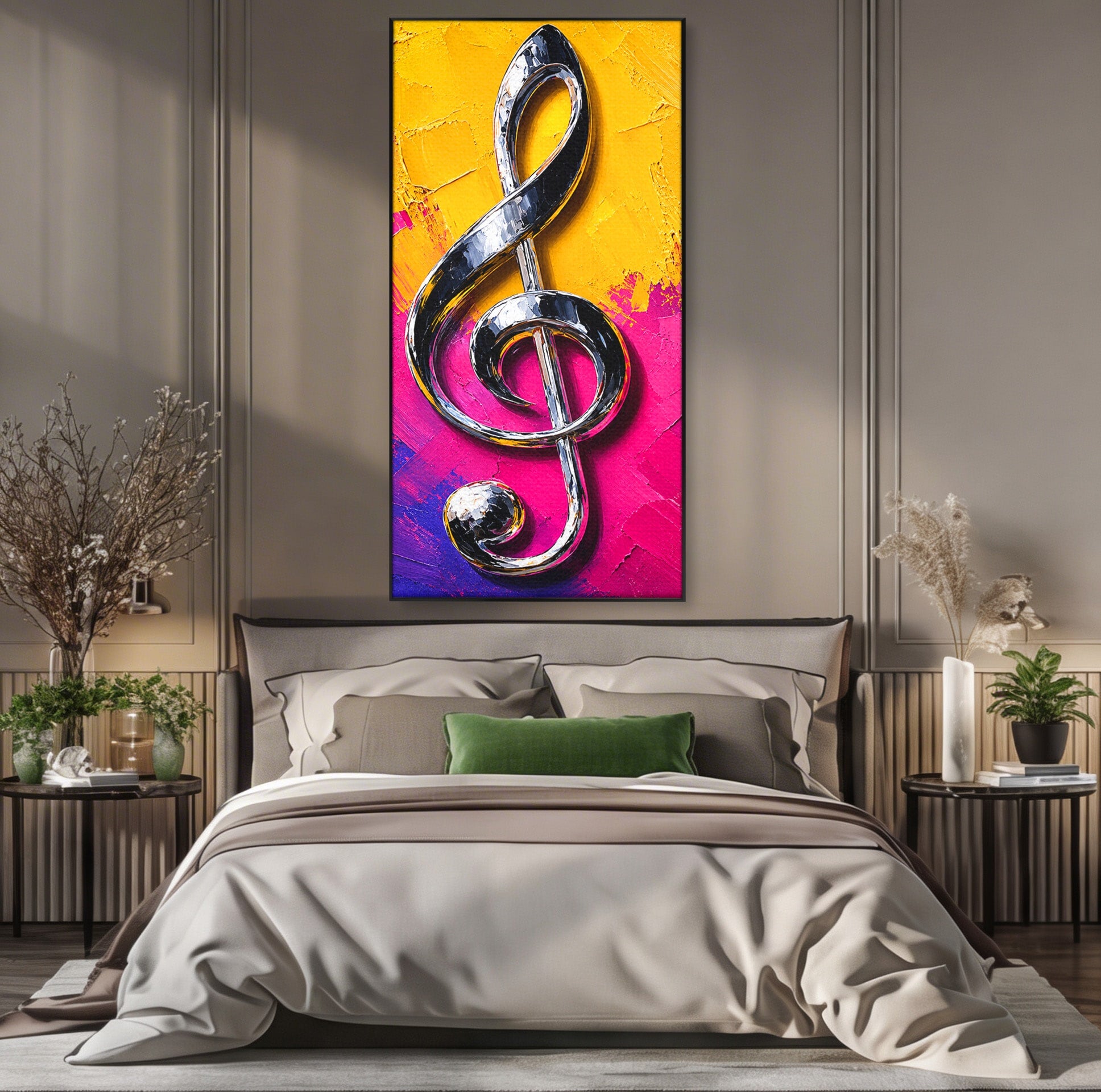 Tablou Canvas Premium LuxCanva® R1056, Cheie Sol Cromatica, Muzica, Arta Abstracta, Living, Culori Intense, Note Muzicale, Culori Vibrante