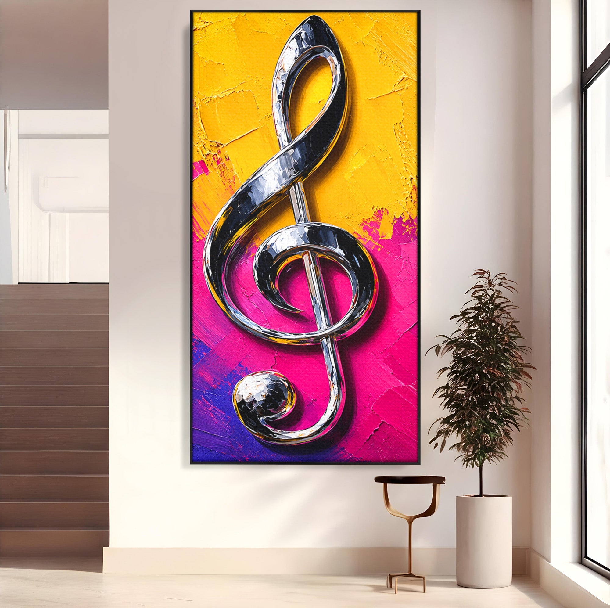 Tablou Canvas Premium LuxCanva® R1056, Cheie Sol Cromatica, Muzica, Arta Abstracta, Living, Culori Intense, Note Muzicale, Culori Vibrante