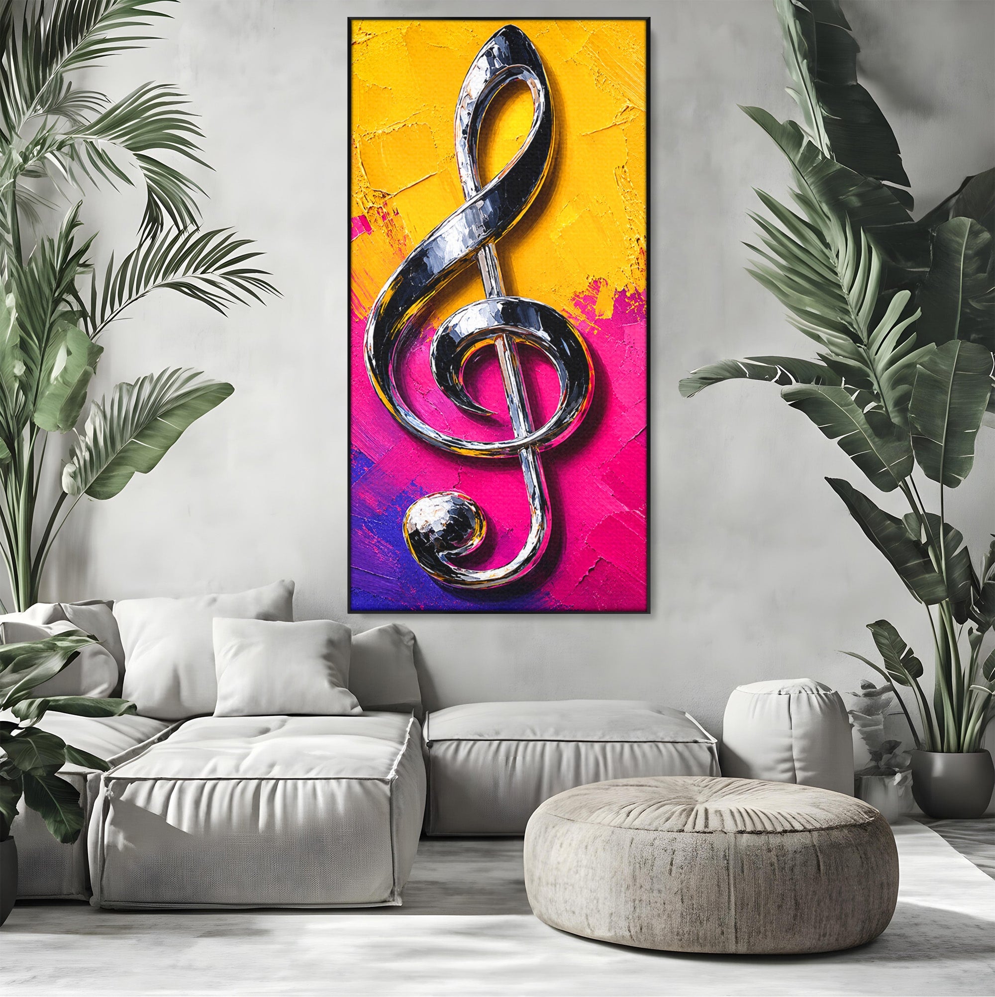Tablou Canvas Premium LuxCanva® R1056, Cheie Sol Cromatica, Muzica, Arta Abstracta, Living, Culori Intense, Note Muzicale, Culori Vibrante