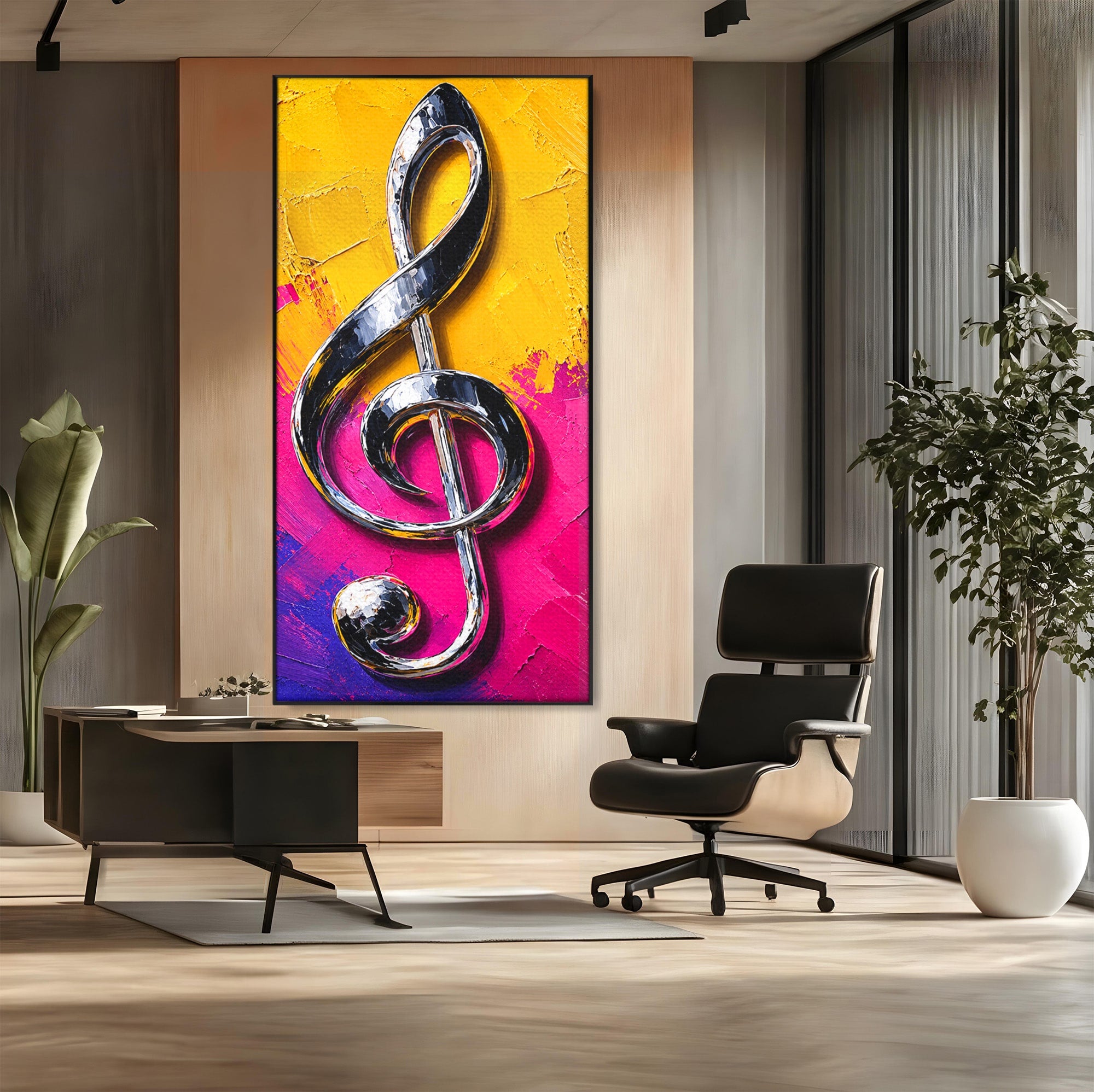 Tablou Canvas Premium LuxCanva® R1056, Cheie Sol Cromatica, Muzica, Arta Abstracta, Living, Culori Intense, Note Muzicale, Culori Vibrante