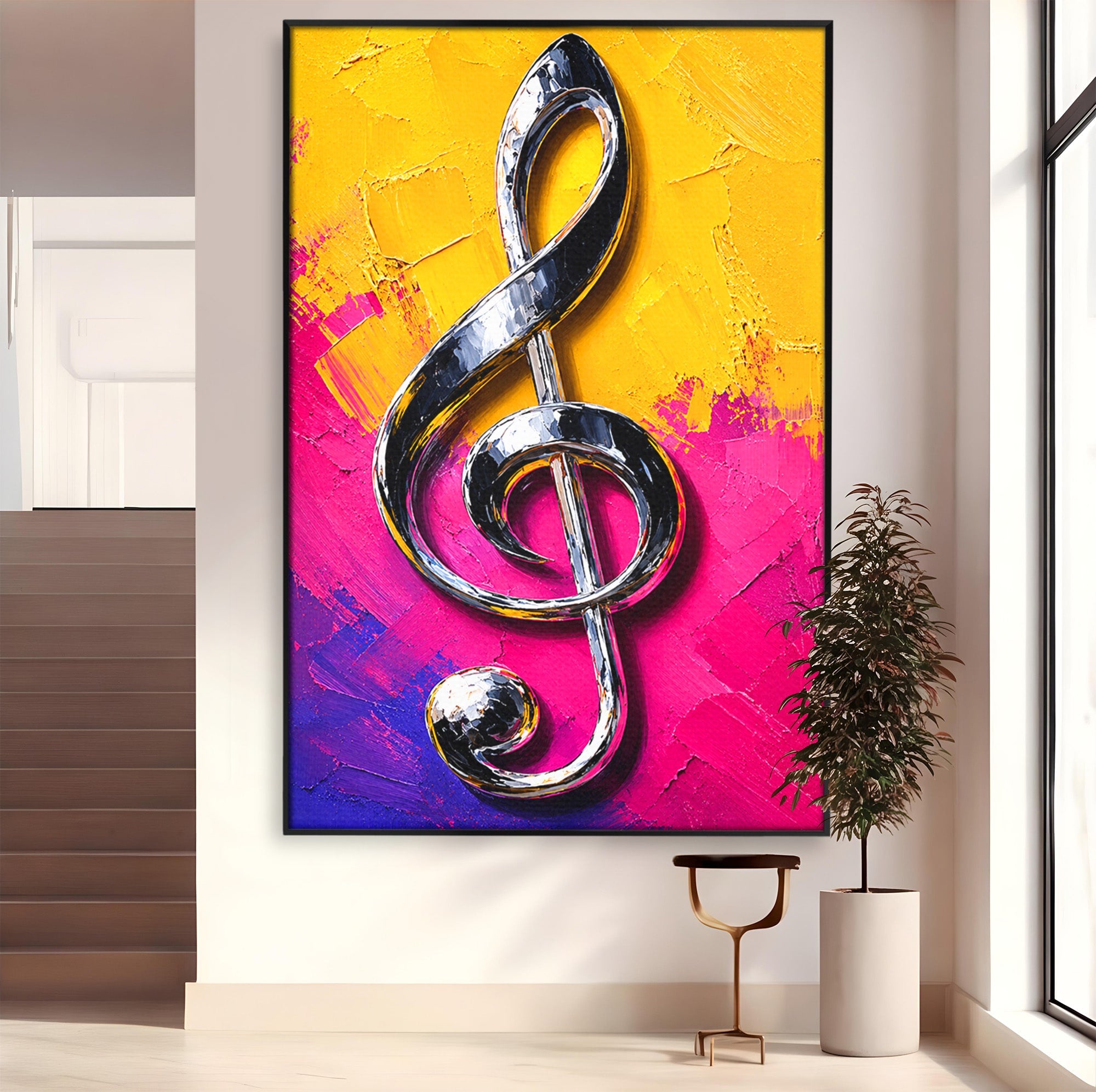 Tablou Canvas Premium LuxCanva® R1056, Cheie Sol Cromatica, Muzica, Arta Abstracta, Living, Culori Intense, Note Muzicale, Culori Vibrante