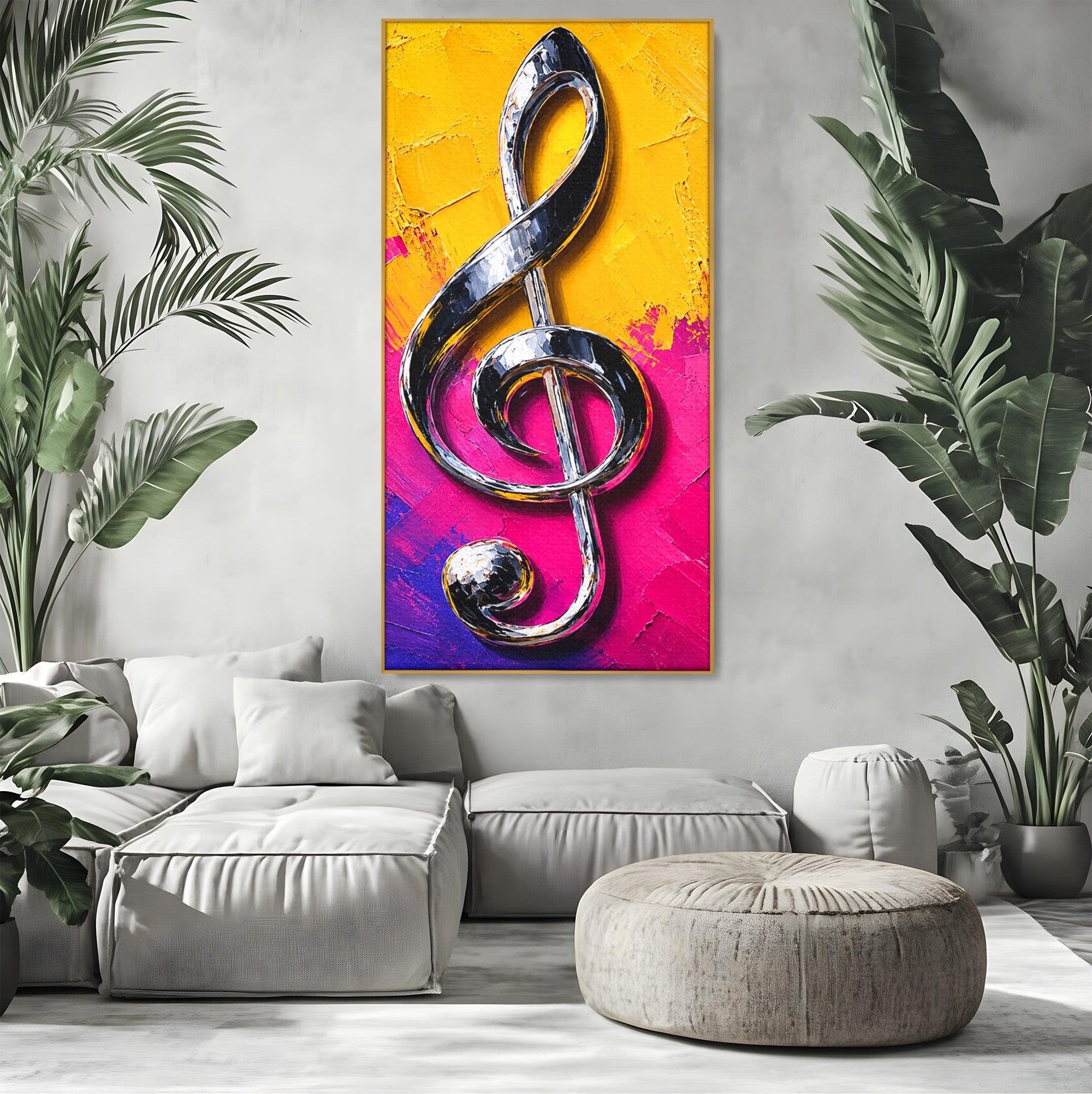 Tablou Canvas Premium LuxCanva® R1056, Cheie Sol Cromatica, Muzica, Arta Abstracta, Living, Culori Intense, Note Muzicale, Culori Vibrante