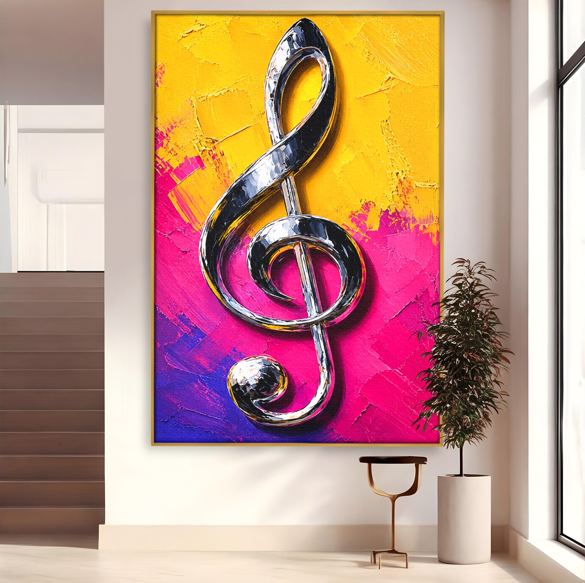 Tablou Canvas Premium LuxCanva® R1056, Cheie Sol Cromatica, Muzica, Arta Abstracta, Living, Culori Intense, Note Muzicale, Culori Vibrante