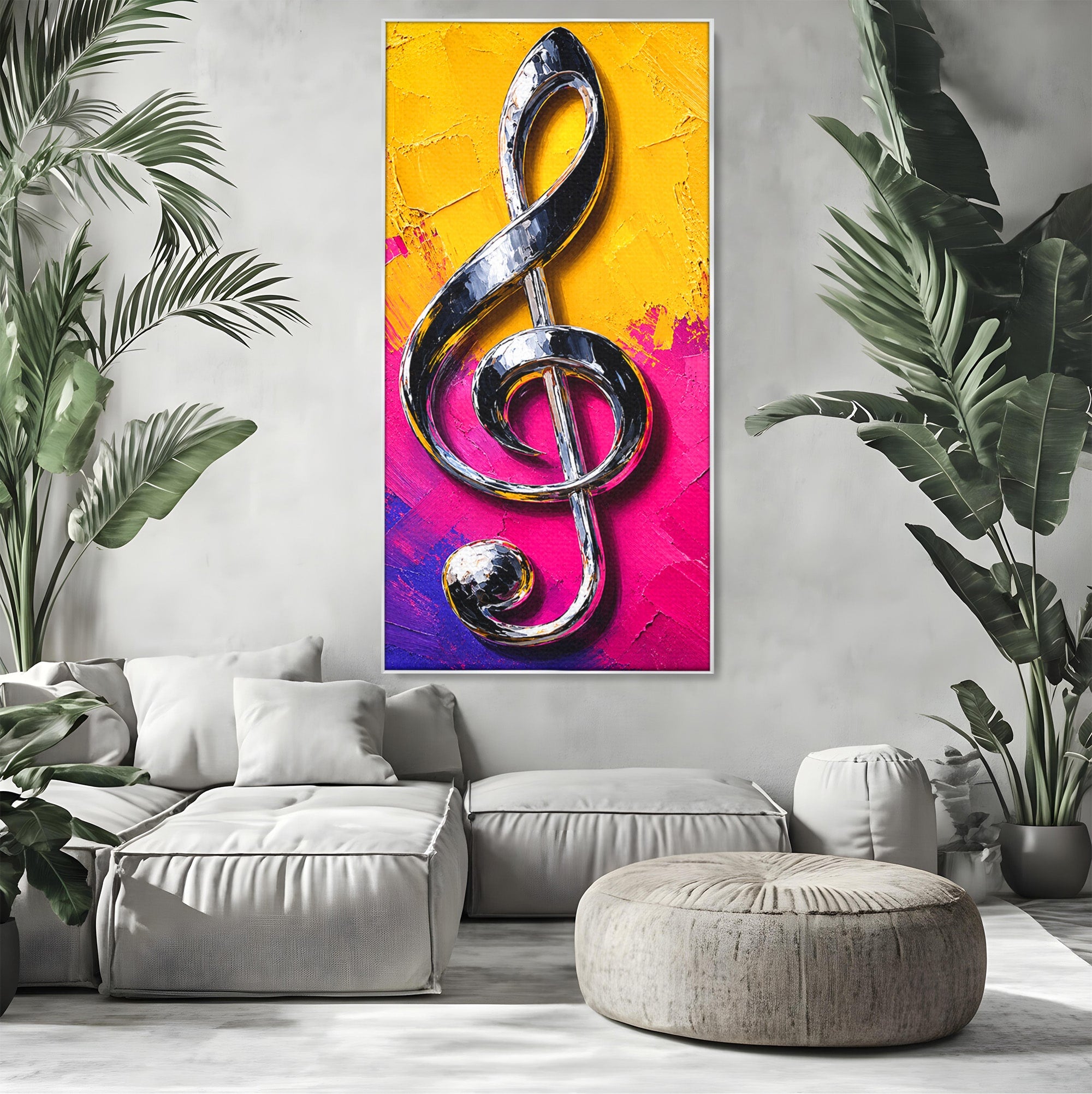 Tablou Canvas Premium LuxCanva® R1056, Cheie Sol Cromatica, Muzica, Arta Abstracta, Living, Culori Intense, Note Muzicale, Culori Vibrante