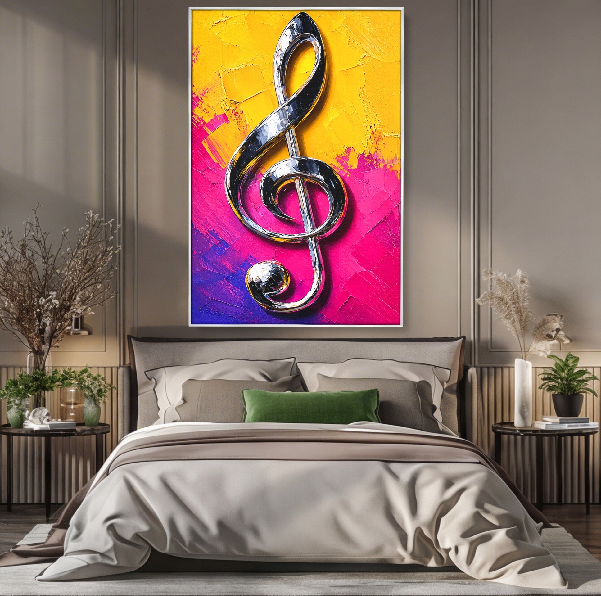 Tablou Canvas Premium LuxCanva® R1056, Cheie Sol Cromatica, Muzica, Arta Abstracta, Living, Culori Intense, Note Muzicale, Culori Vibrante