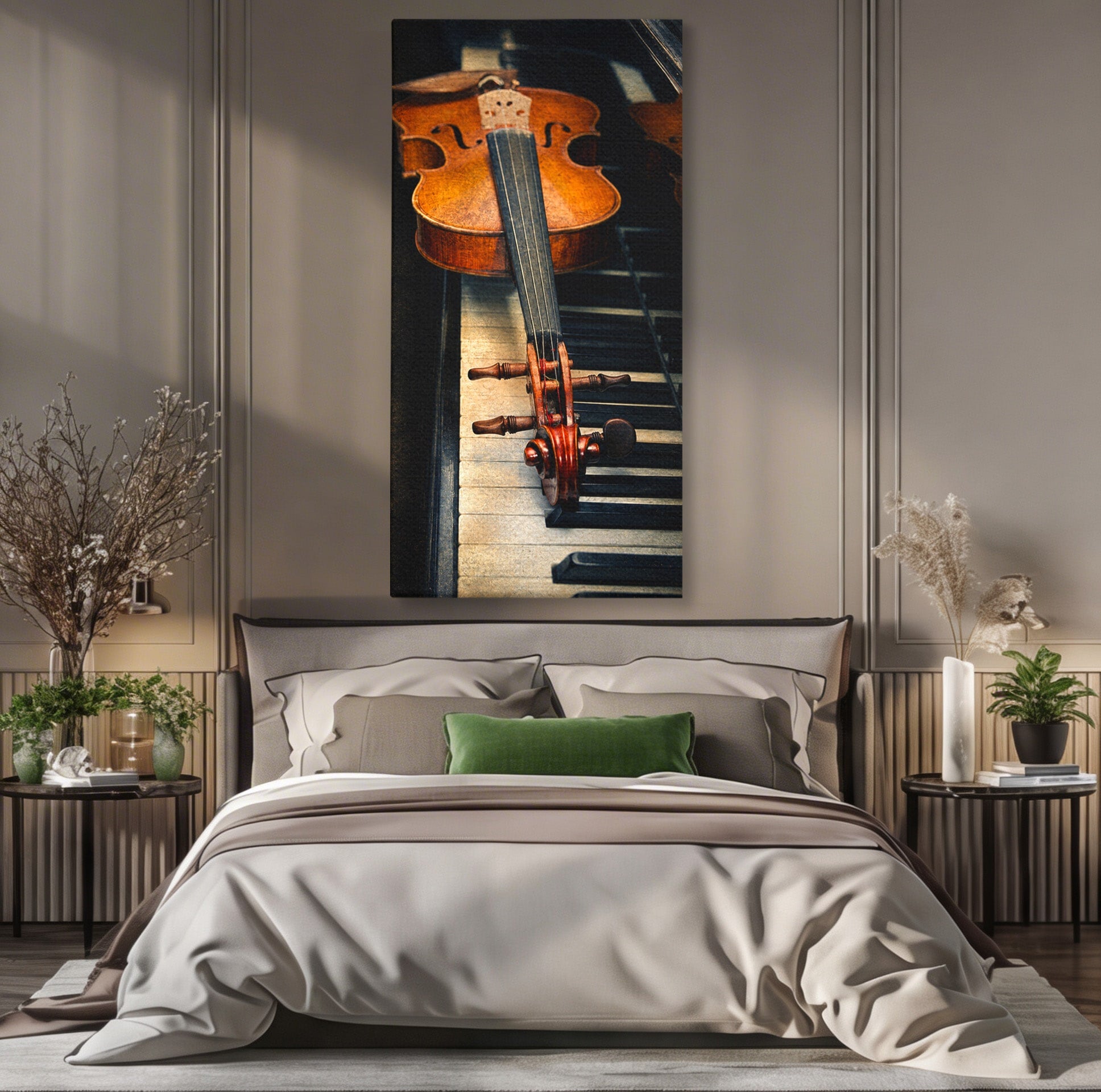 Tablou Canvas Premium LuxCanva® R1058, Vioara Pe Pian, Vioara, Pian, Muzica, Vintage, Living, Birou, Culori Vibrante